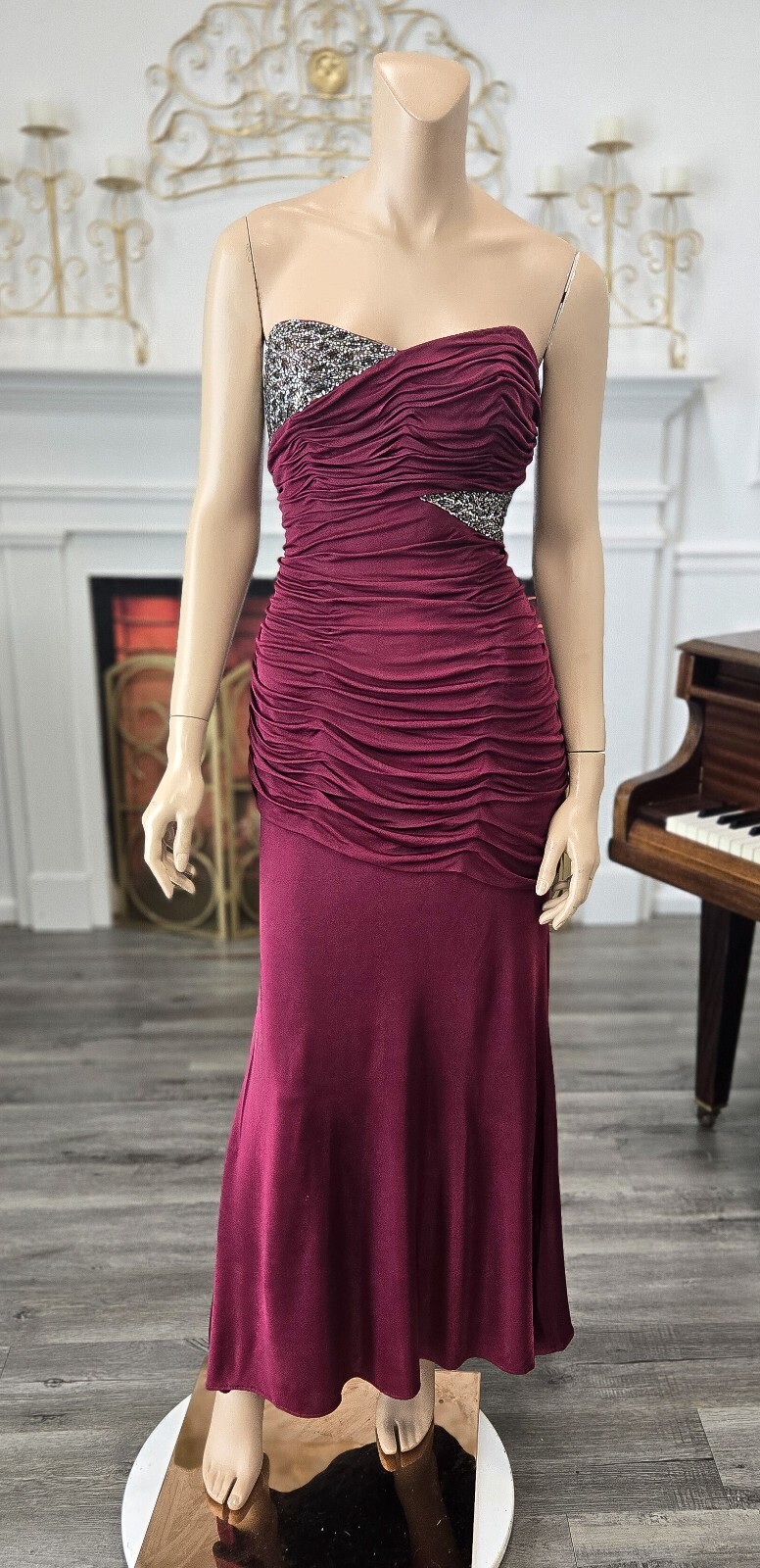 Kay Unger 00s Y2K Burgundy Ruched Beaded Sexy Party Prom Formal Dress sz 8