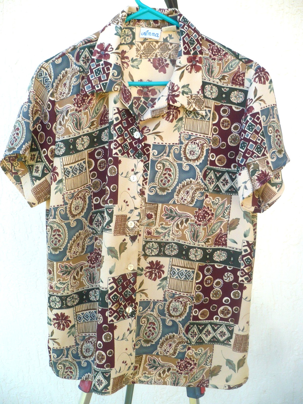VTG 80S ANNA L PATCH PRINT GREEN BLUE BROWN PAISLEY FLORAL POLY BUTTON UP BLOUSE