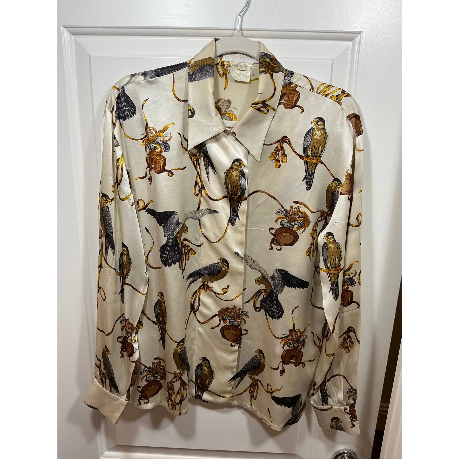 Escada Margaretha Ley Vintage Silk Falcon Print Blouse Cream Gold Bird Shirt 38