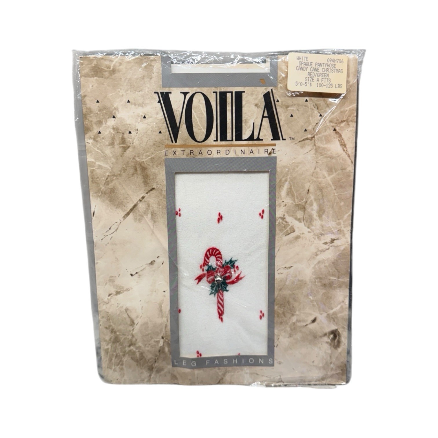 1988 Voila Extraordinaire Leg Fashions Candy Cane Christmas Pantyhose White A