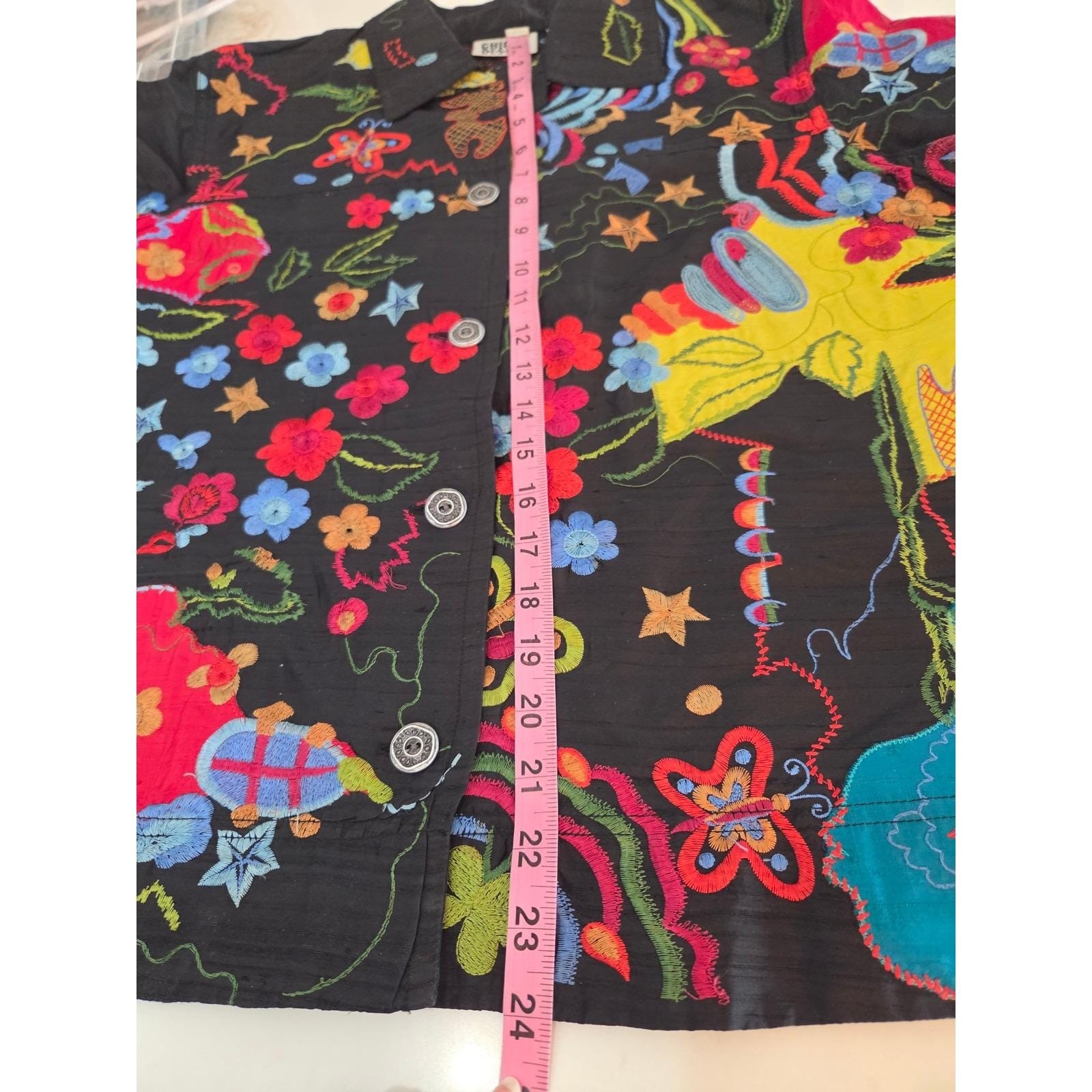Chico’s Design Jacket Womens Size 1 Medium Black Silk Embroidered Vintage 80s