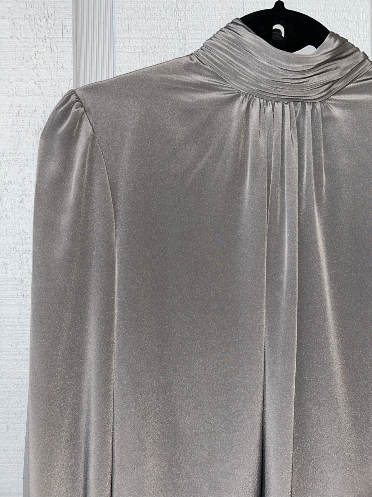 Anne Kriste Vintage High Neck Puff Sleeve Blouse Gray Satin Modest Dark Academia