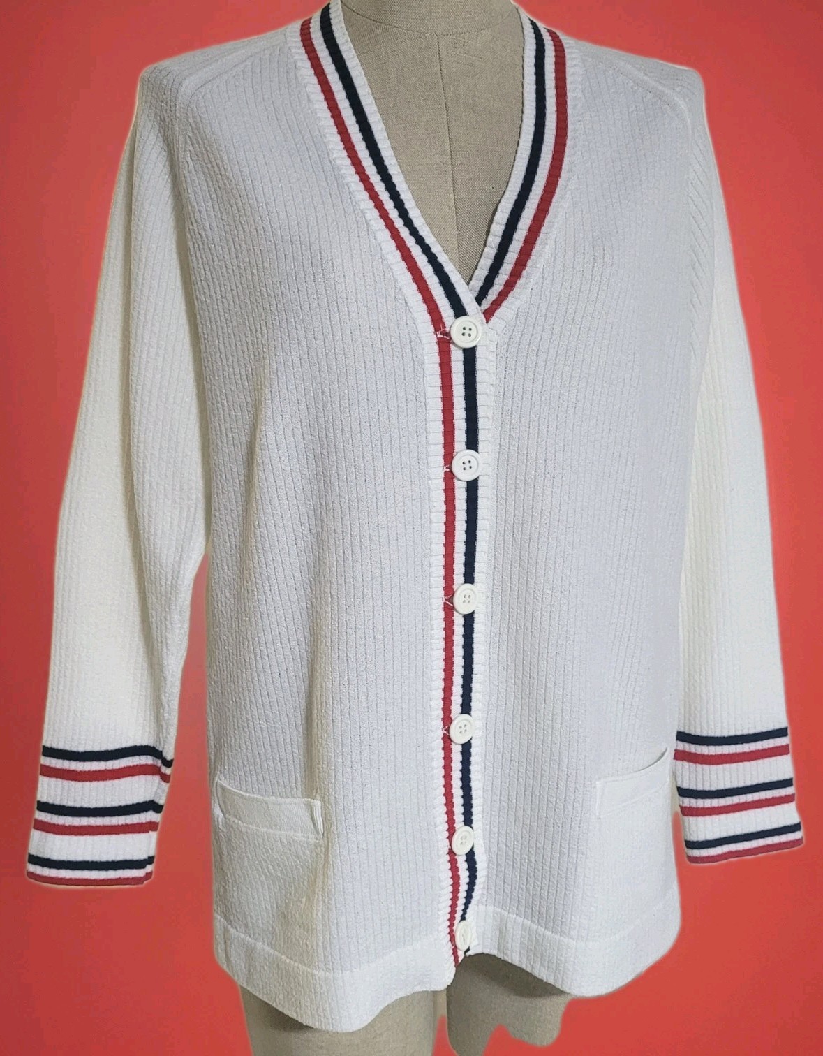 Vintage 80s 90s Womens Etonic Cardigan Sweater 40 M L Preppy Golf Tennis Striped