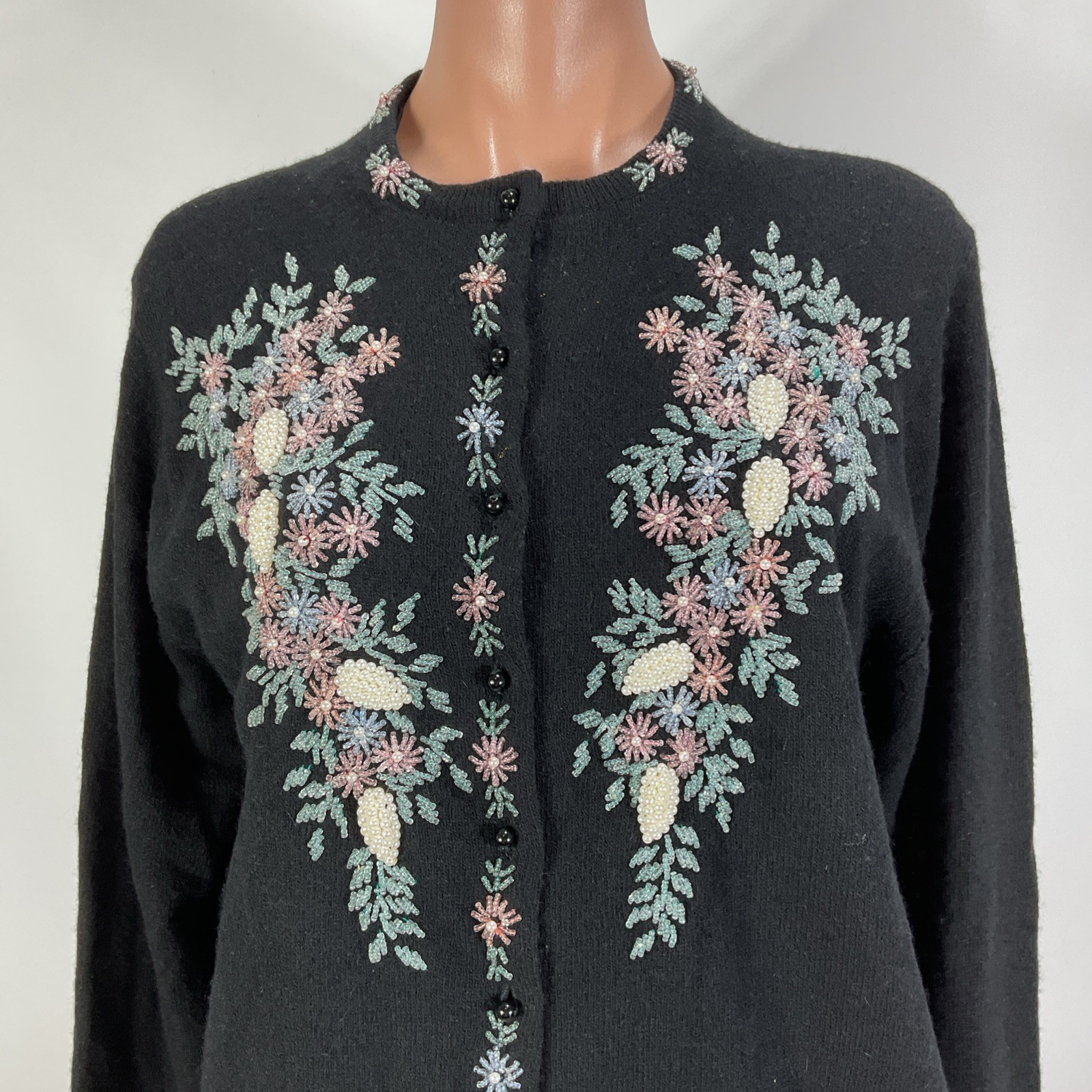 Vintage 50s 60s 42 Handcrafted Beaded Cardigan Sweater Grandma Glam Lined