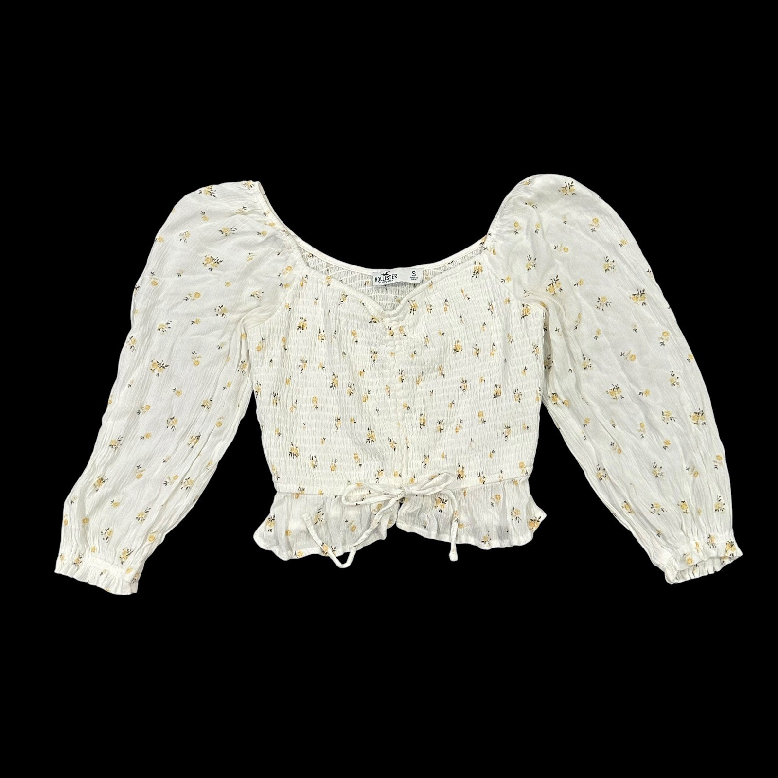 Hollister Smocked Milkmaid Top Yellow Floral Tie Front Puff Sleeve Boho Romantic