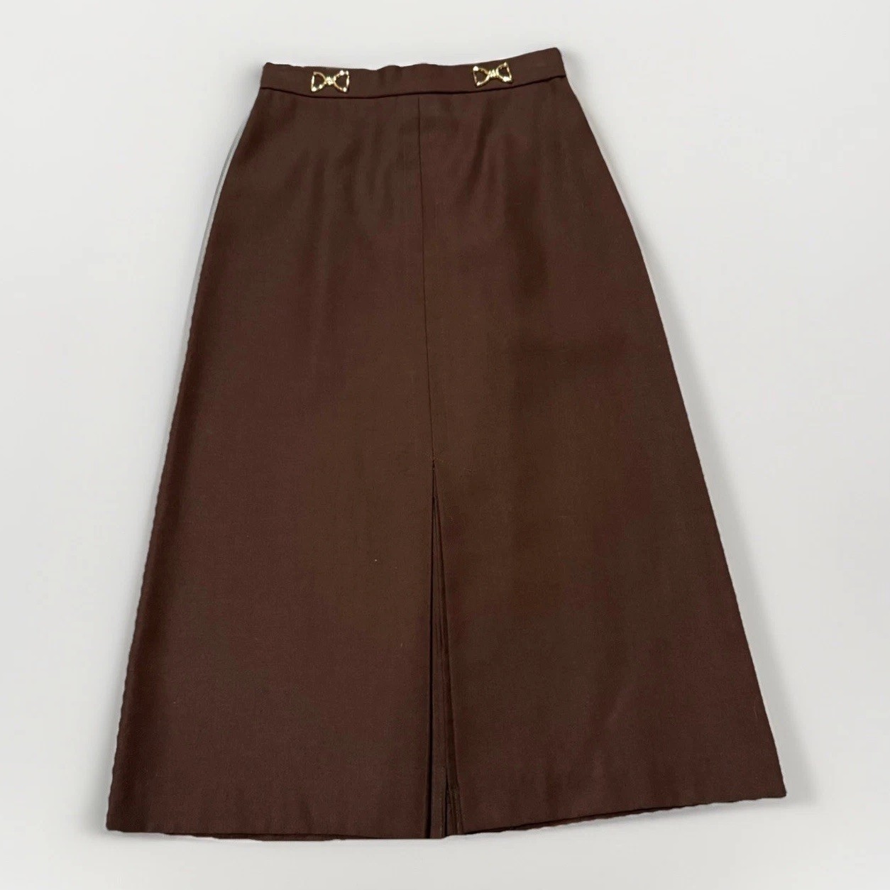 Vintage 70s Custom Brown High Waisted Aline Retro Midi Skirt Slit Secretary S