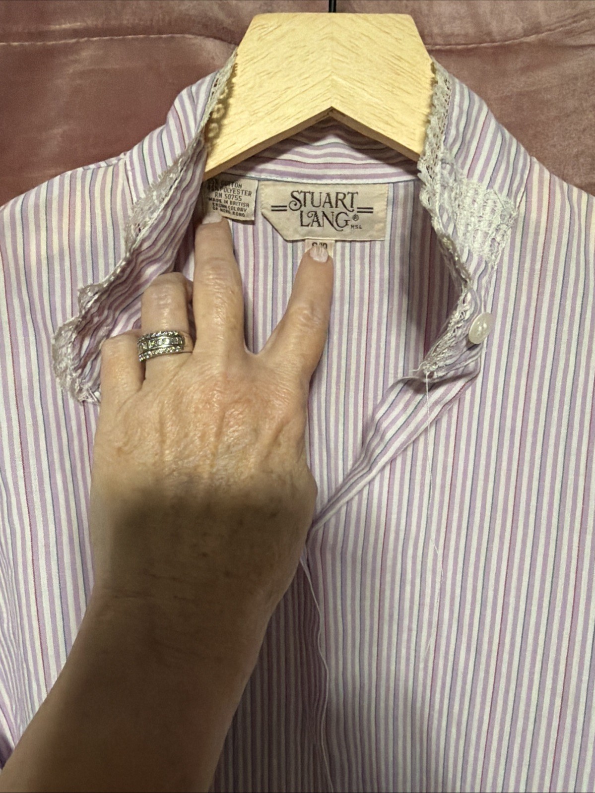 Vintage Stuart Lang Button Up Blouse 9/ 10 Lavender Stripe Lace Long Sleeve