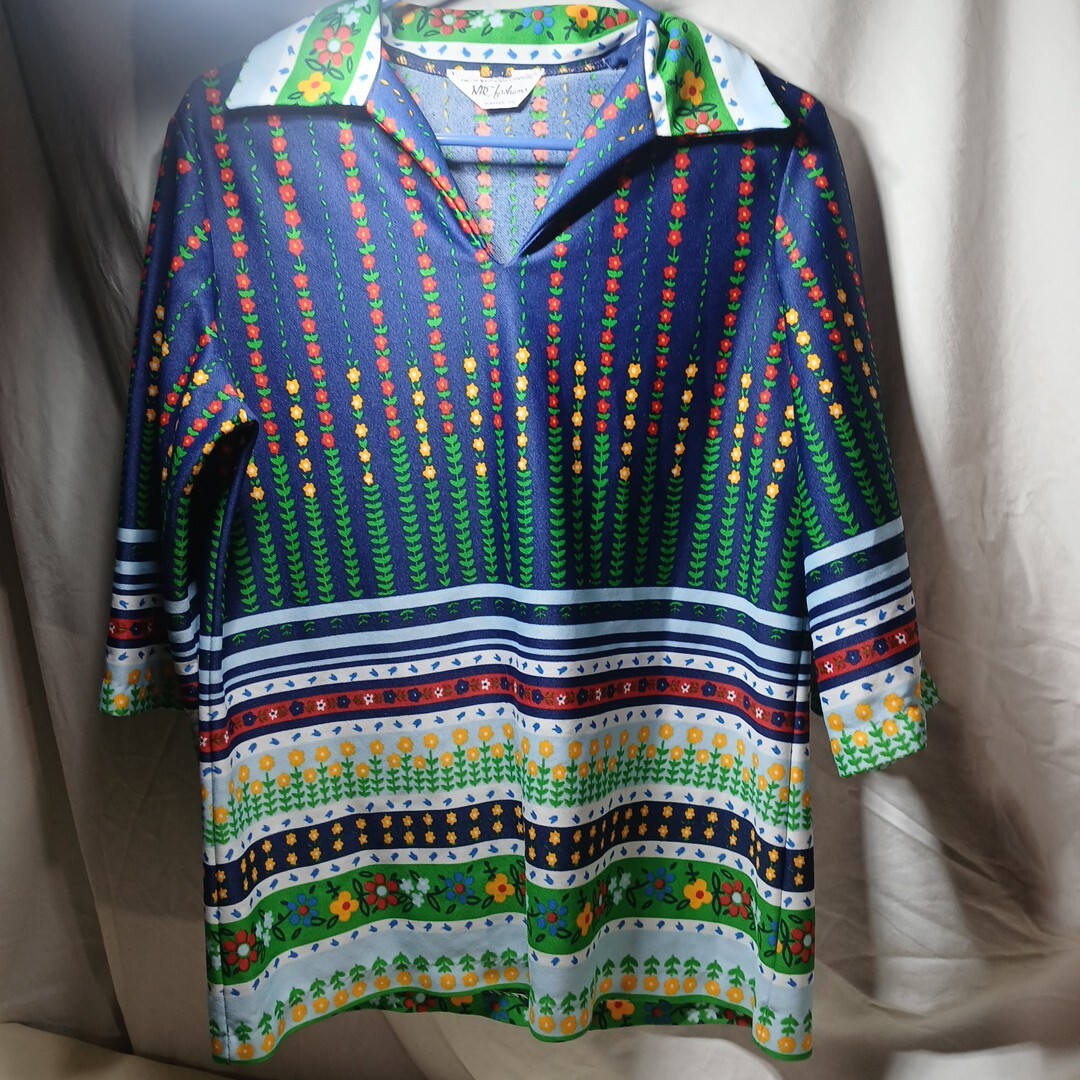 Vintage 60’s NPC Fashions Blouse Dagger Collar Retro Bright Floral L/XL Poly