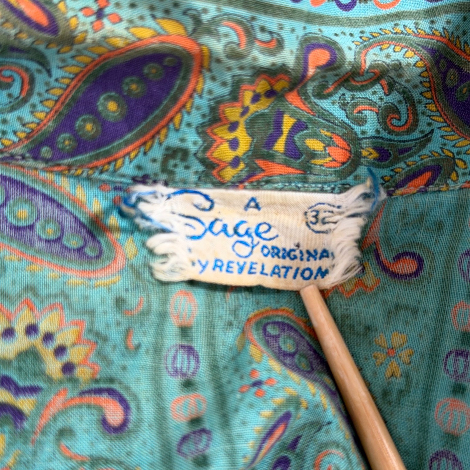 50s 60s Crop Top Teal Paisley 3/4 Sleeve Tie Hem Sz 32 DISTRESSED AS IS