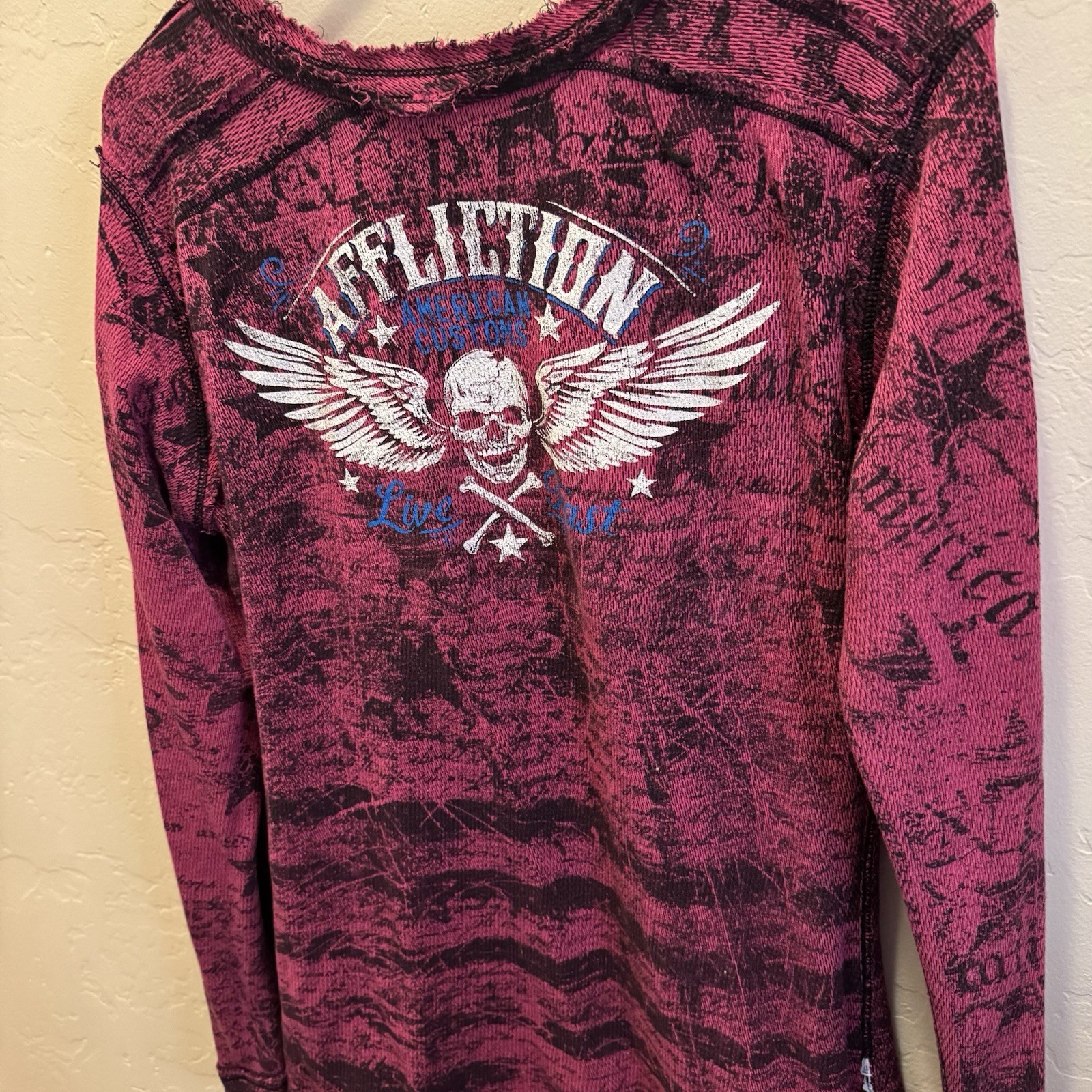 Affliction VTG Women Reversible Thermal Distressed Shirt Grunge Y2K M/L *READ*