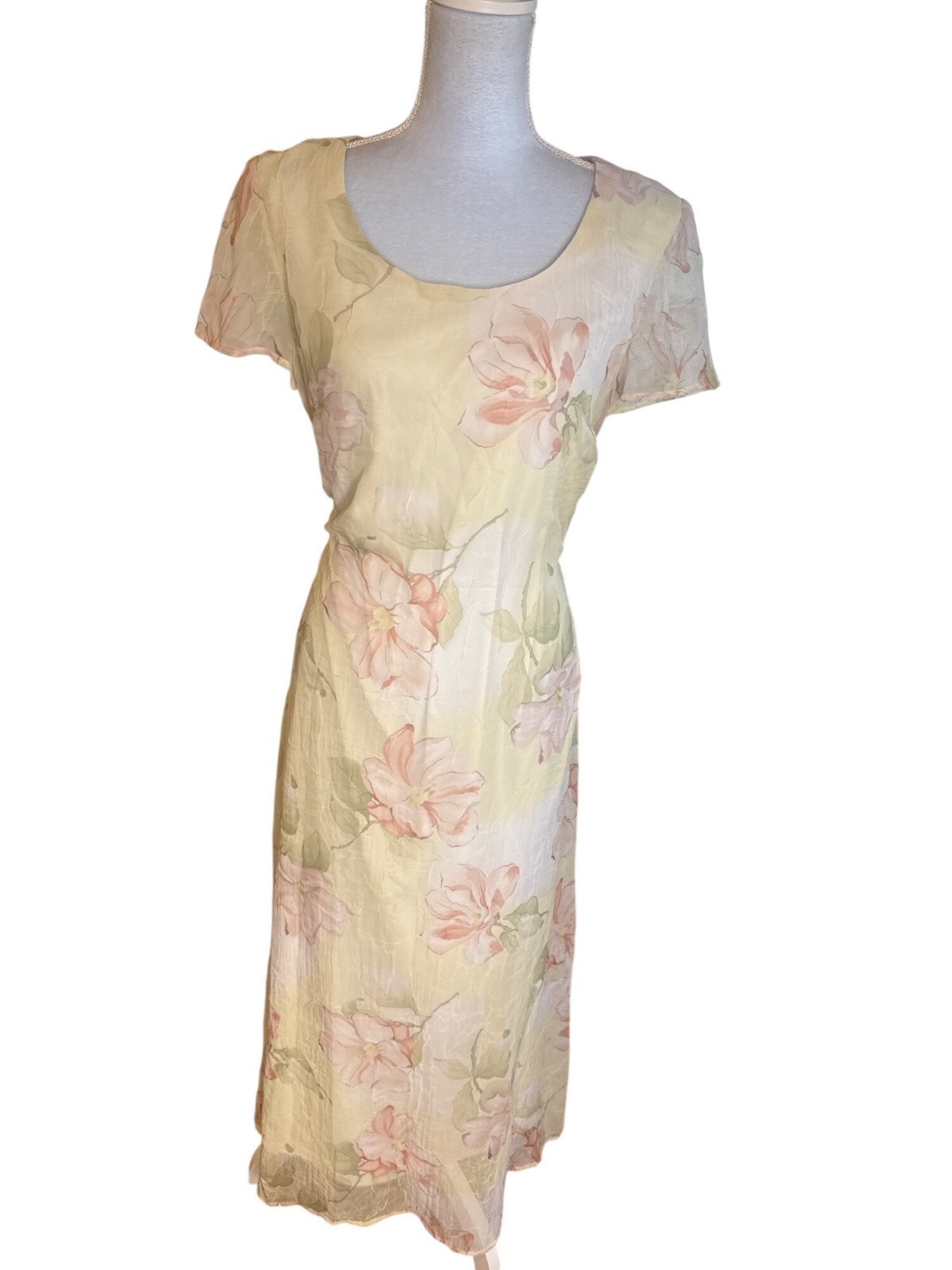 Vintage 80s Floral Midi Dress Sz 12 Cream Pink Cottagecore Romantic