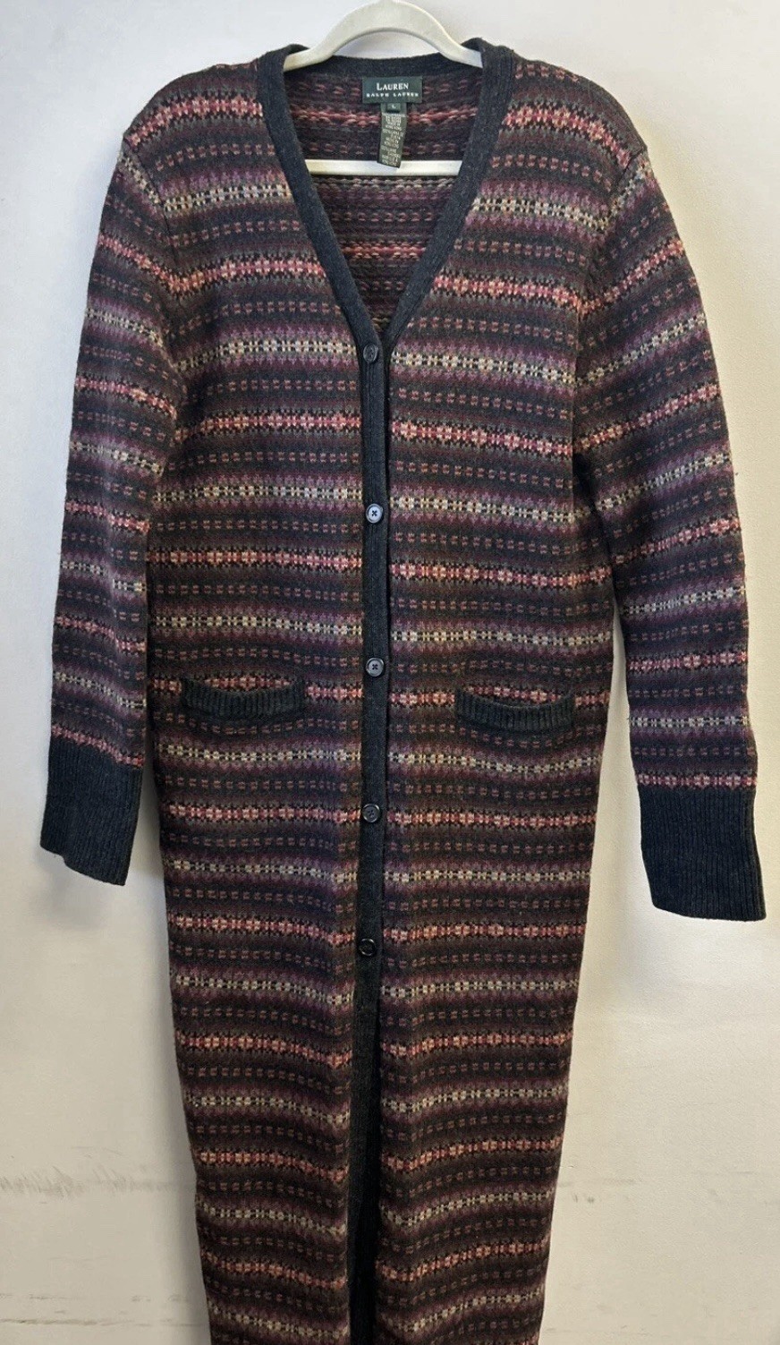 Vintage Lauren Ralph Lauren Lambswool Fair Isle Long Cardigan Pockets Buttons