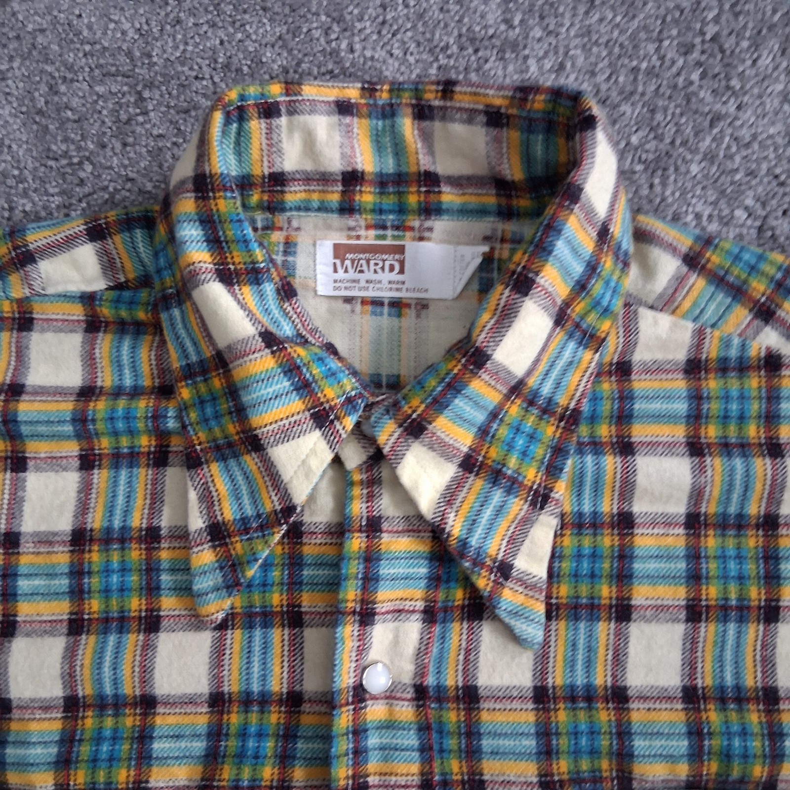 Vtg 70s Montgomery Ward Plaid Flannel Shirt | Retro Blue Yellow White Grunge L