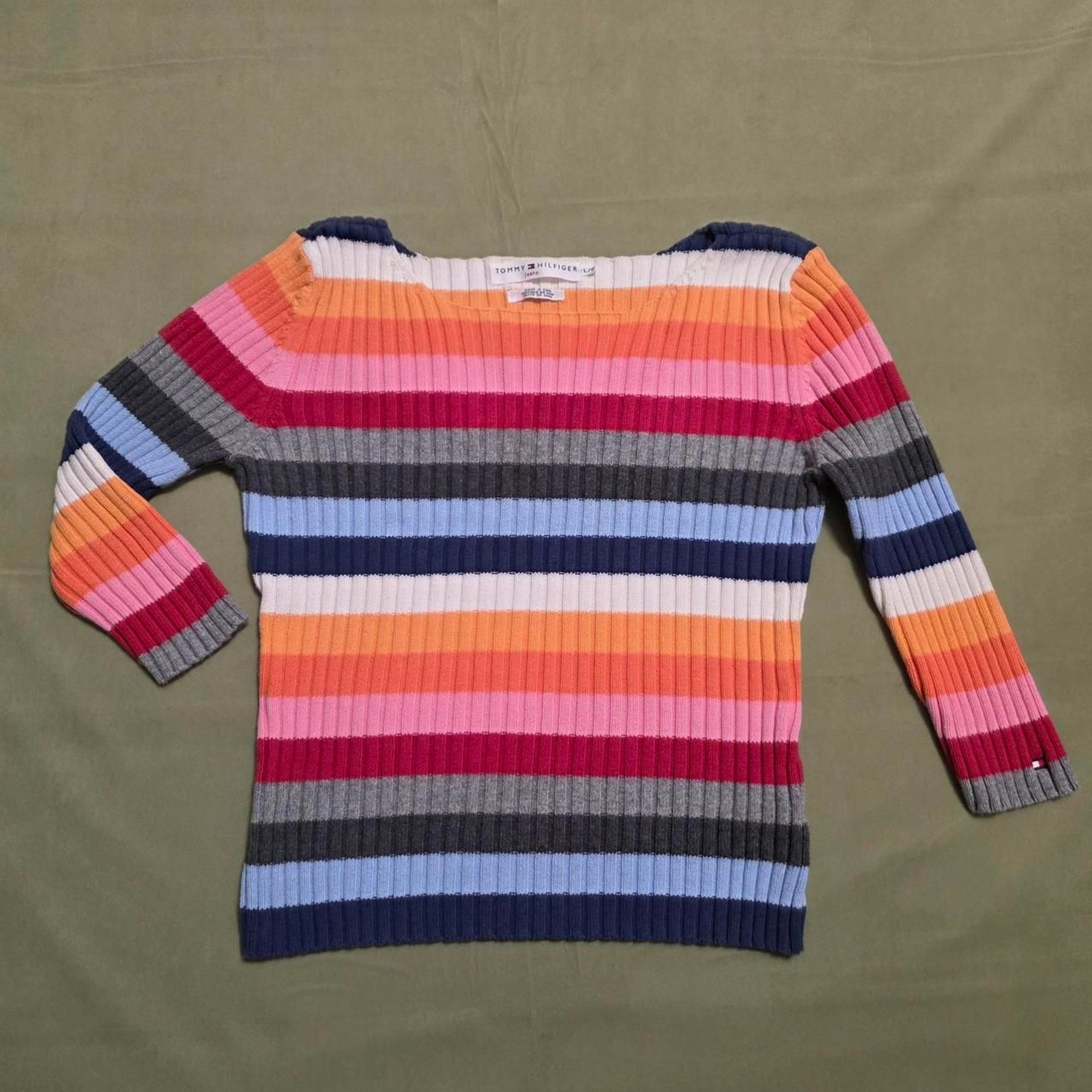 Vintage Tommy Hilfiger Y2K Rainbow Striped Ribbed Boat Neck Size Large L – 2001