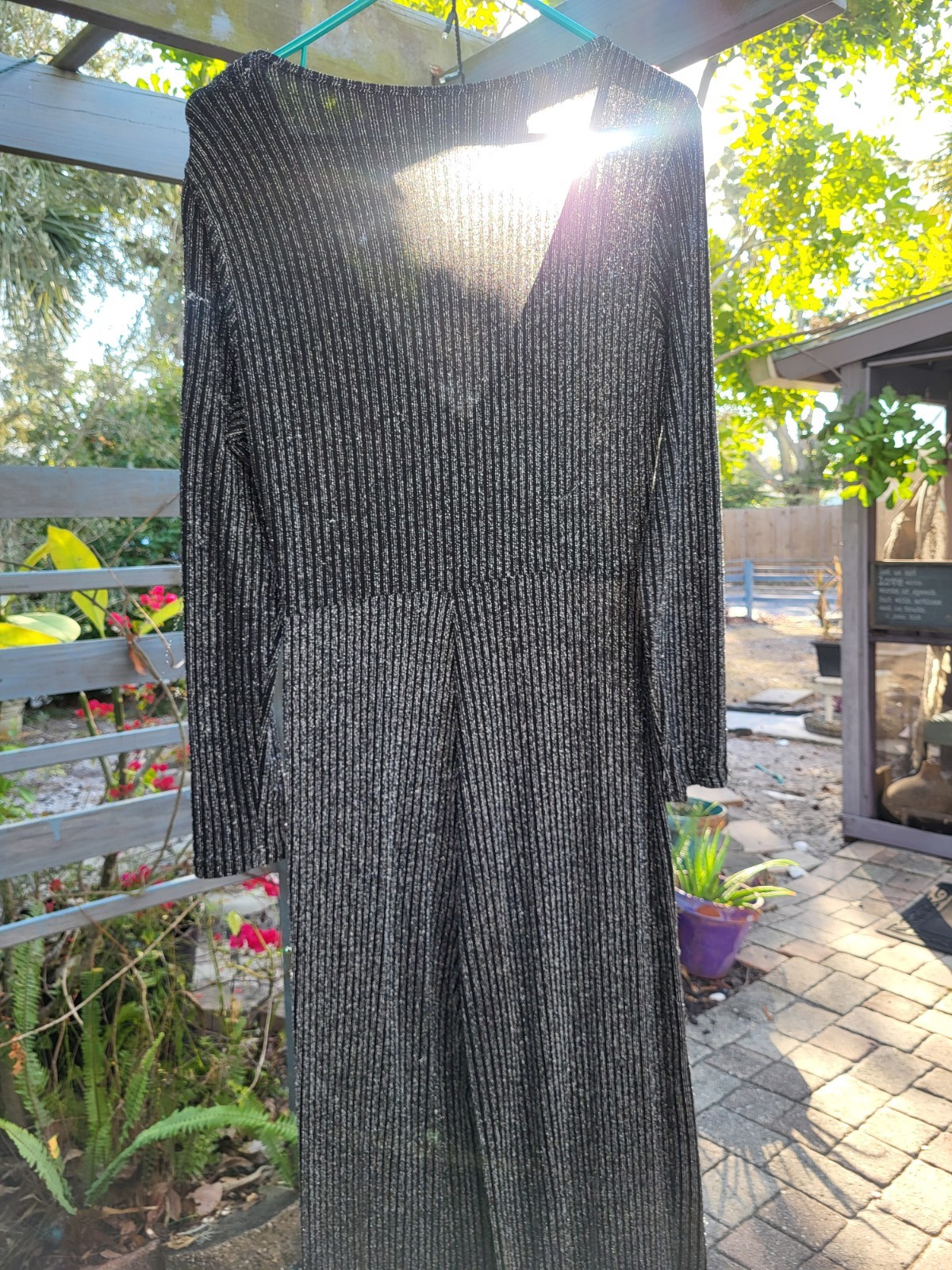 1980s Vintage JUMPSUIT Metallic Silver One pc black lurex stretch Disco New Year