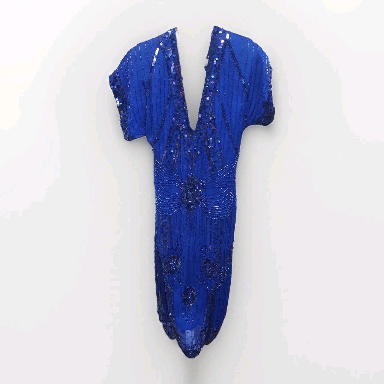 VTG Swee Lo Silk Bead Sequin Blue 100% Silk Cocktail Evening Dress Medium 80s