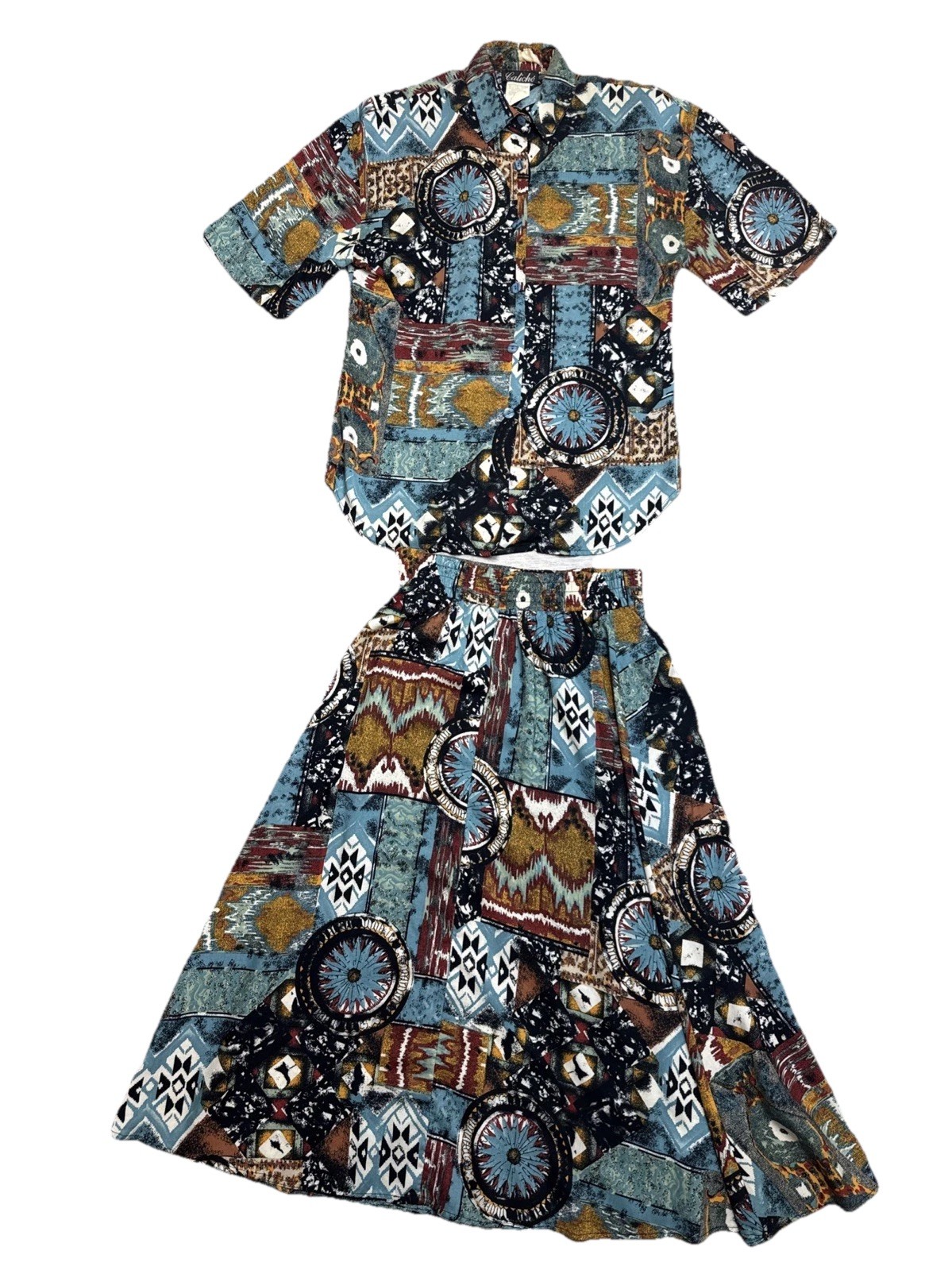 Vintage 2 Pc Southwest Mid Length Dress Shirt Skirt Caliche Western Aztec Small