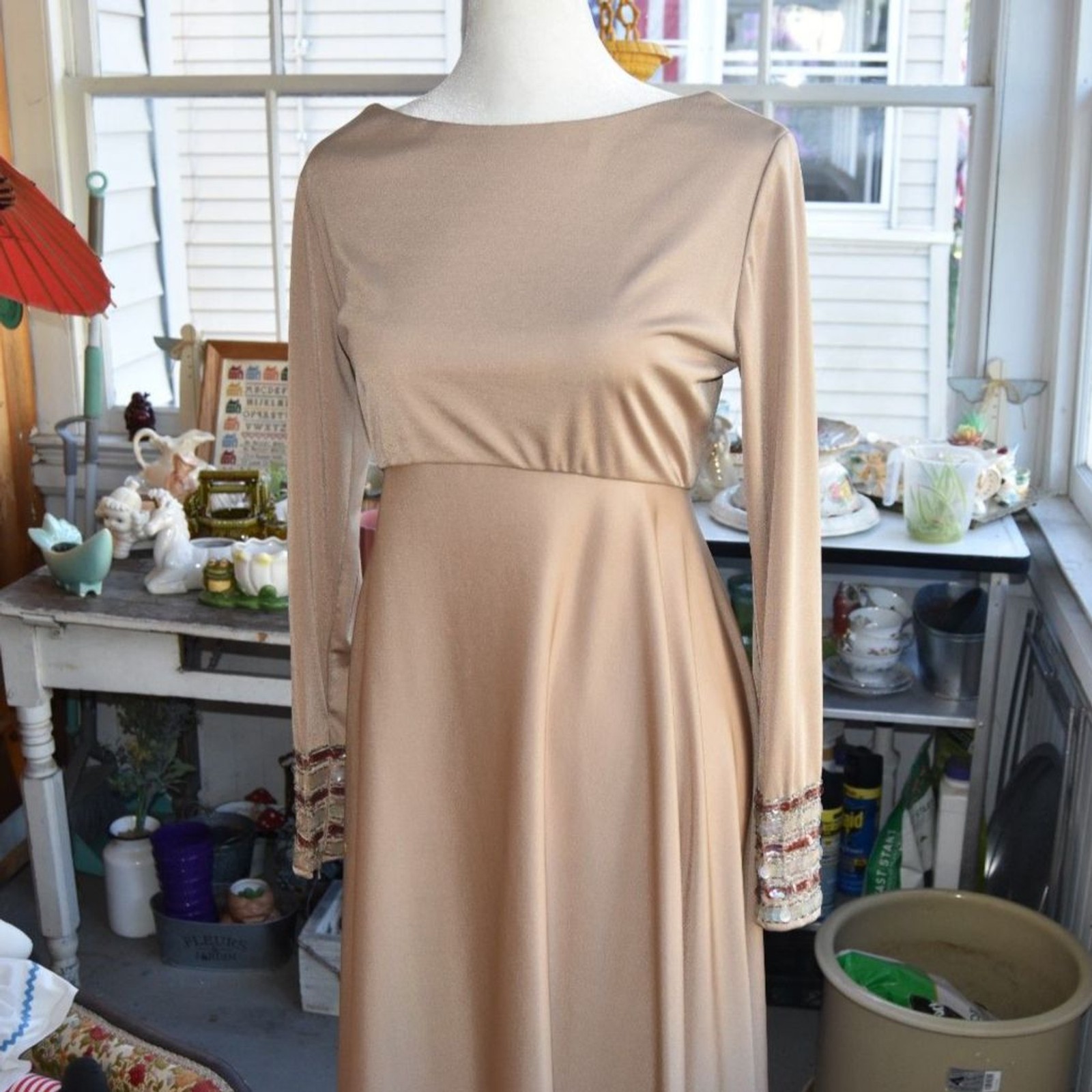 Vintage 70s Kay Kipps Hostess Gown Champagne Maxi Dress Scoop Back Size Small