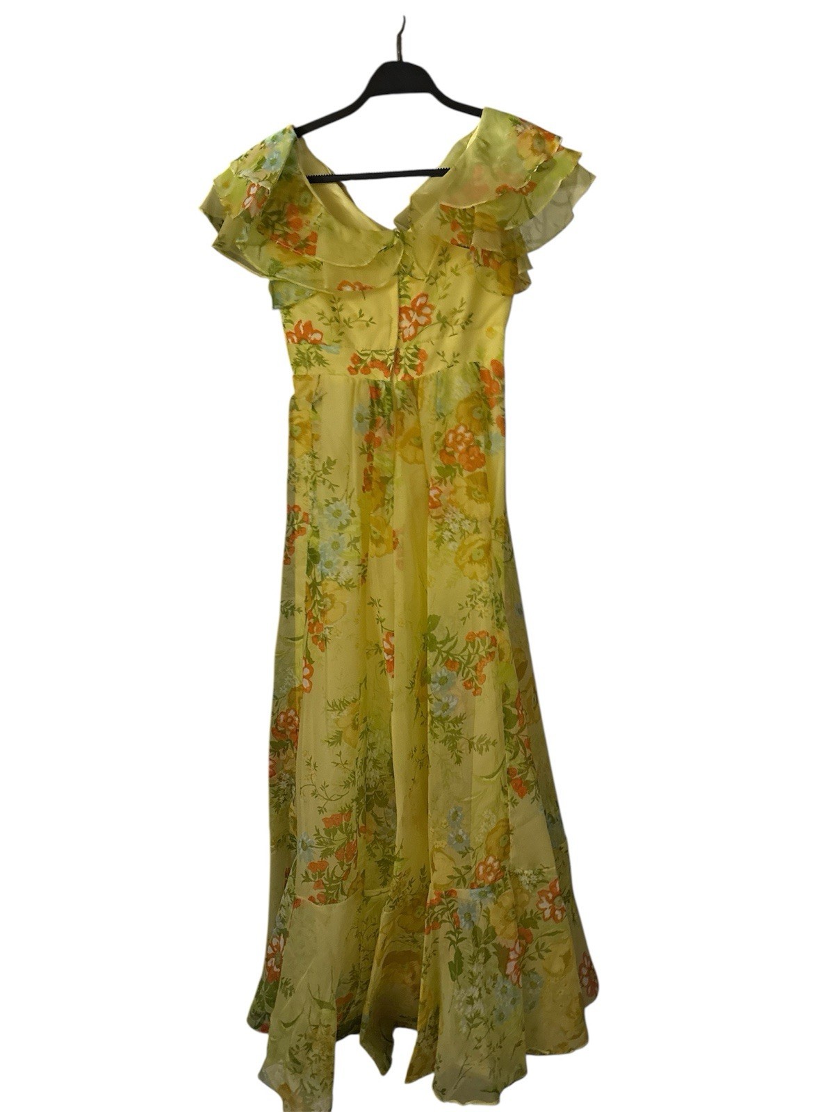 Vintage 70’s Bridesmaid Dress Sunny Yellow Floral Chiffon Floor Length 26” Waist