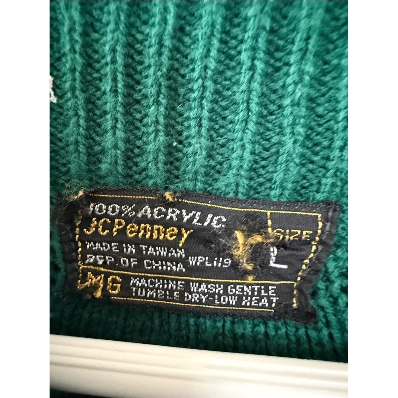 Vintage 1970s Nordic Ski Sweater Green Gold White Geometric Fair Isle Large