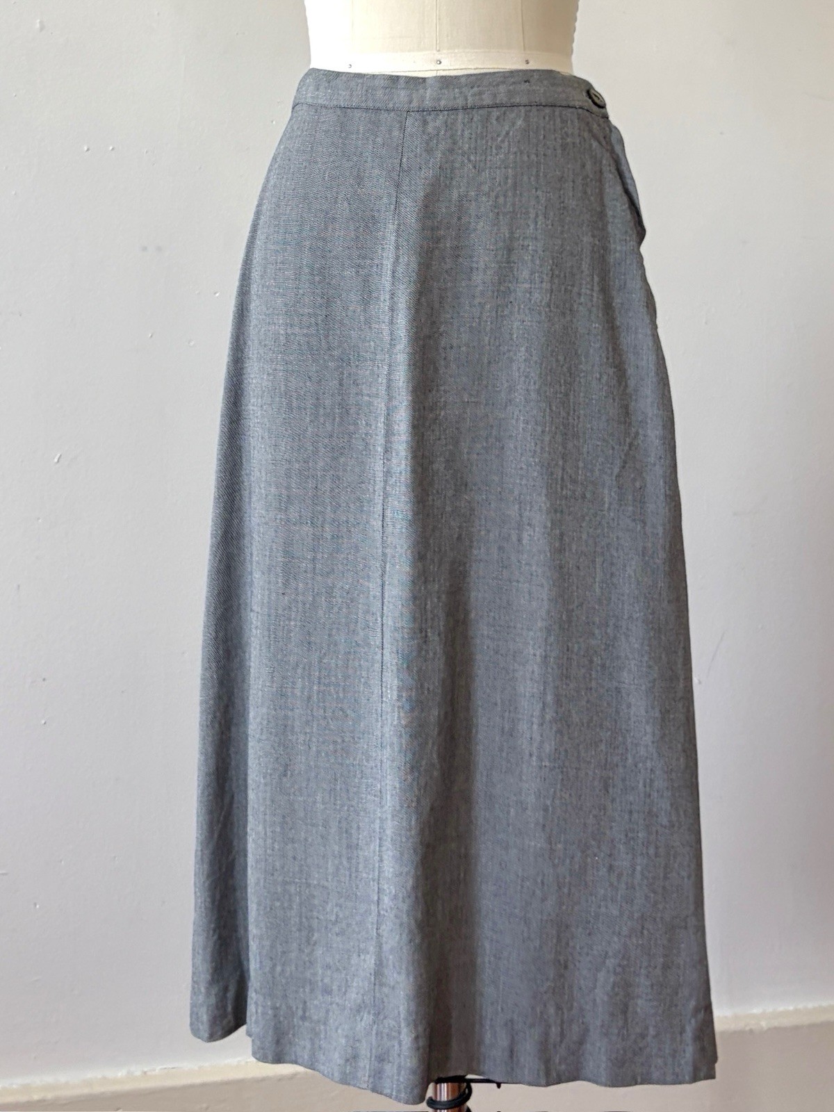 1940s 50s Grey Micro Herringbone Twill A-Line Midi Skirt Rayon Metal Side Zip S