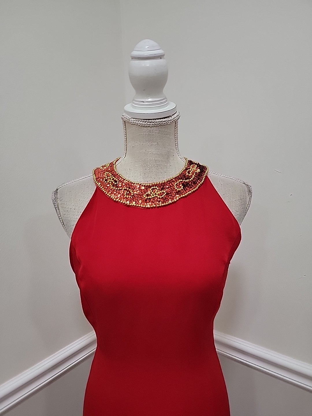 VTG 1980s Red Beaded Halter Evening Gown De Lara by Linda Bernell Maxi Dress
