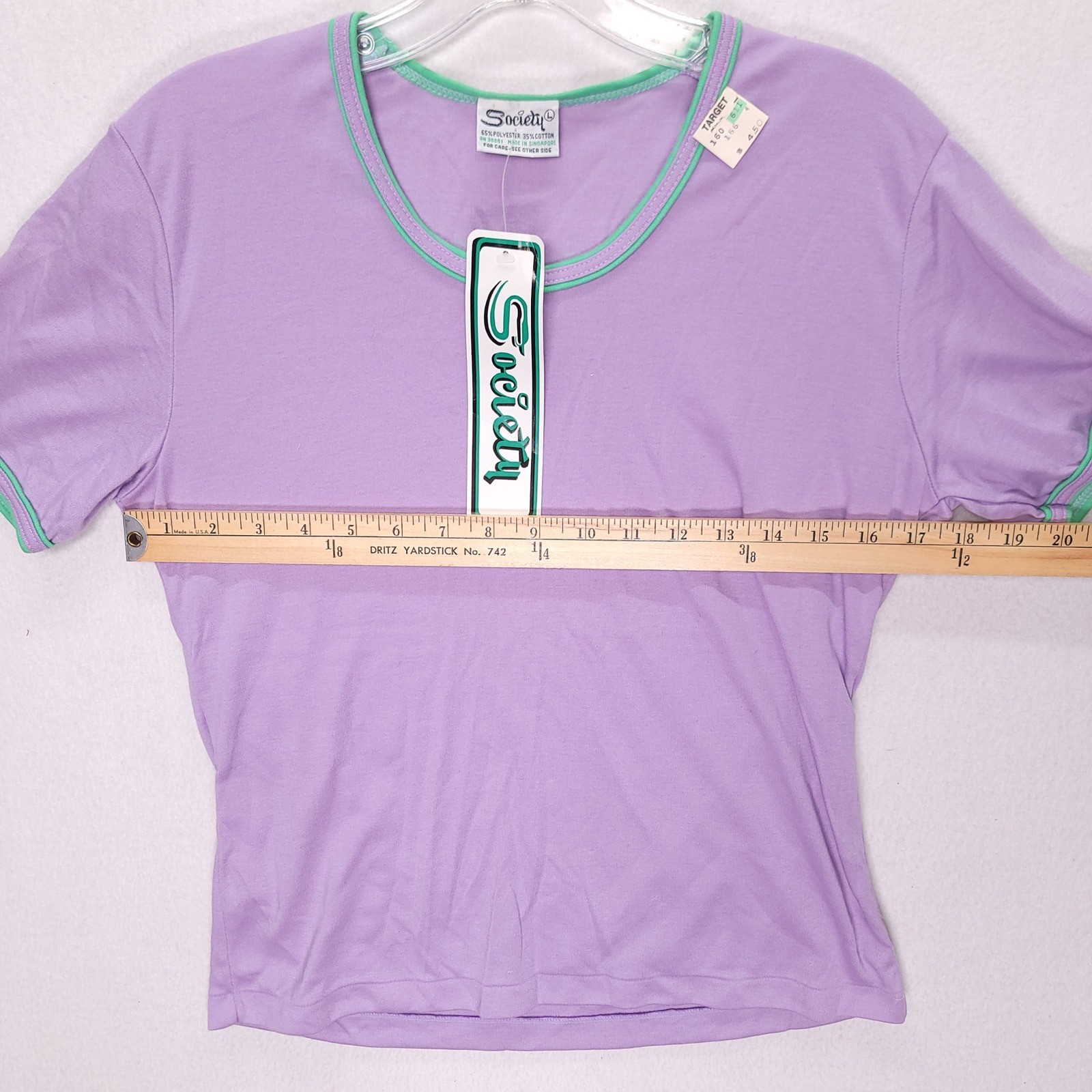 Vintage 90s Society Lavender Purple Mint Green Ringer Tee Shirt NWT Large