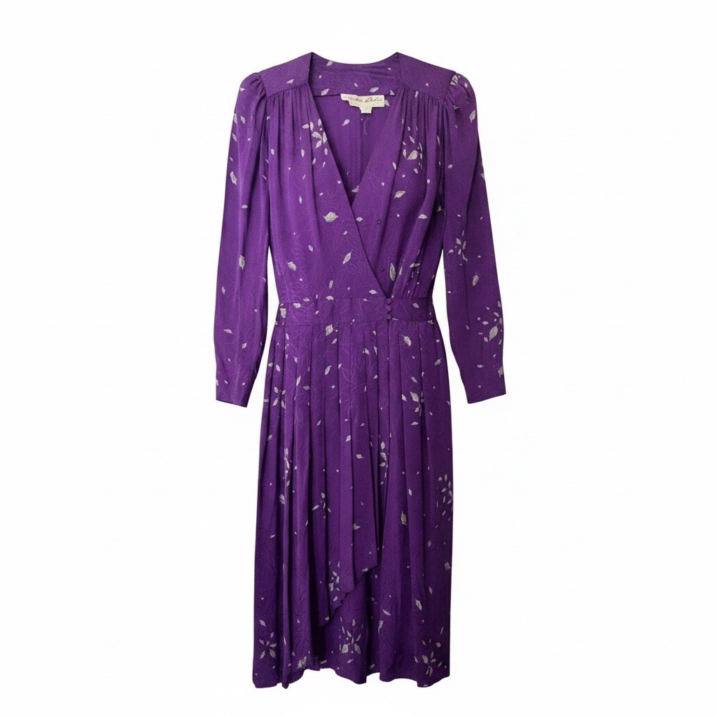 Vintage Nora Noh Silk Wrap Dress Purple Asymmetrical Flutter Hem Plunge 80s 8