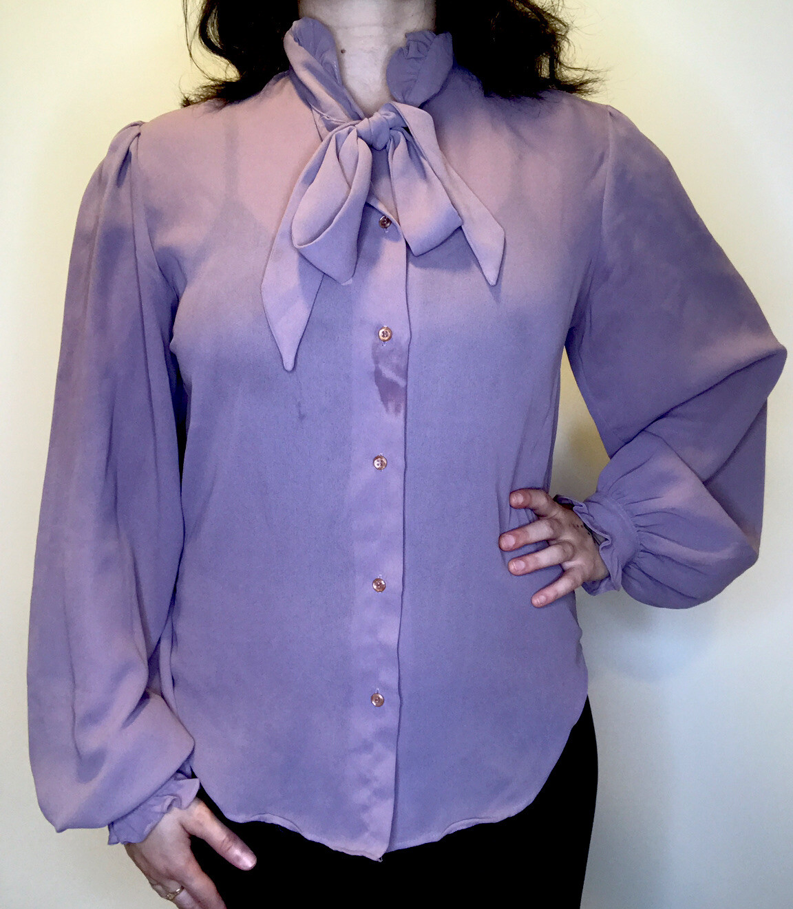 Vintage 70s M Sheer Purple Lavender Tie Ruffle Puff Button Long Top Shirt Blouse