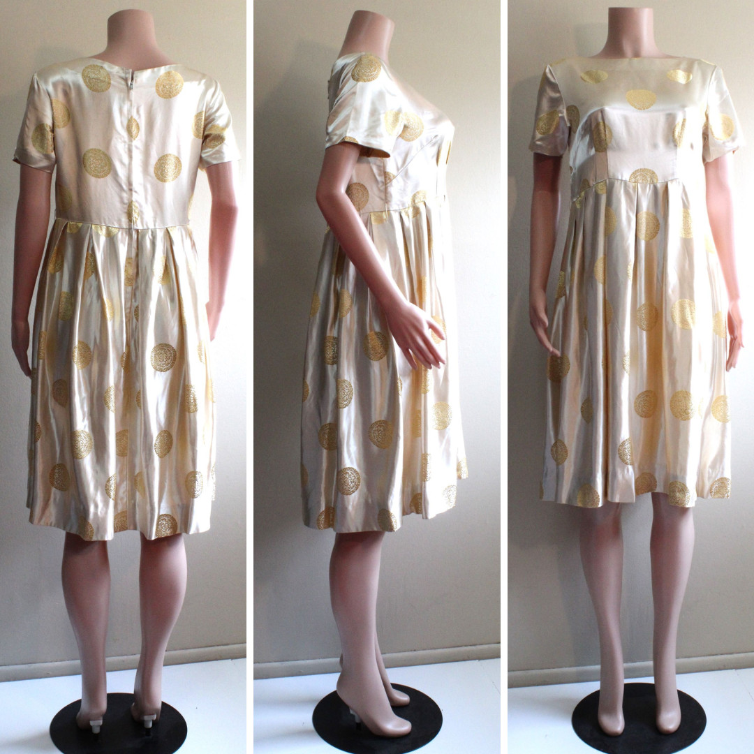 L Vintage Handmade Cream Satin Dress Gold Chinese Motif Knee Back Zip SS