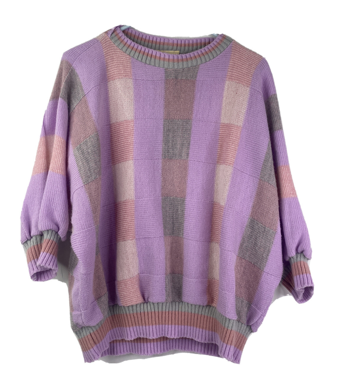 Vintage Topsicles Womens 80’s Sweater M Purple Plaid Geometric Dolman 3/4 Sleeve