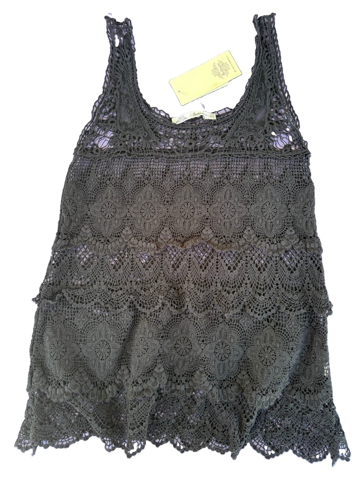 VTG 100% Cotton Black Crochet Tiered Lace Scallop Trim Tank Top Size XS – NWT