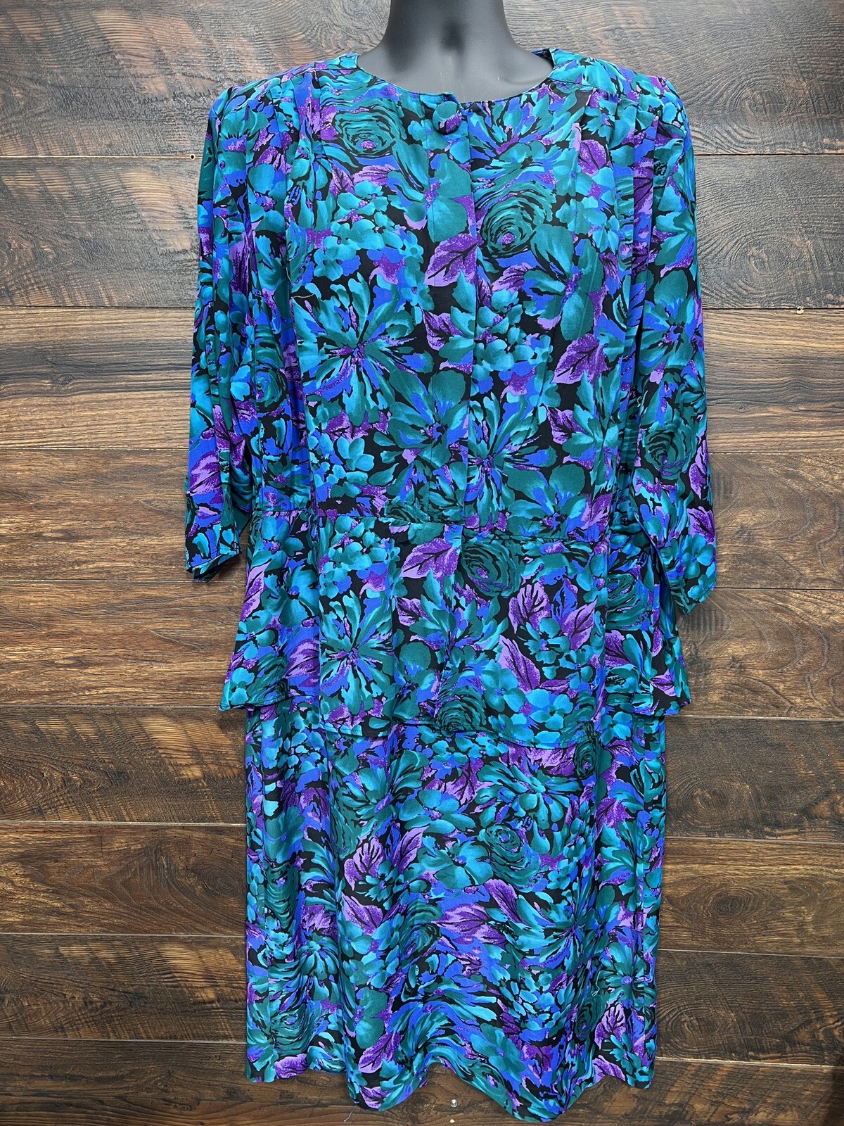 Sally III Vgt Dress 1980 Size 24 Black Teal Purple Floral Rayon Button Front