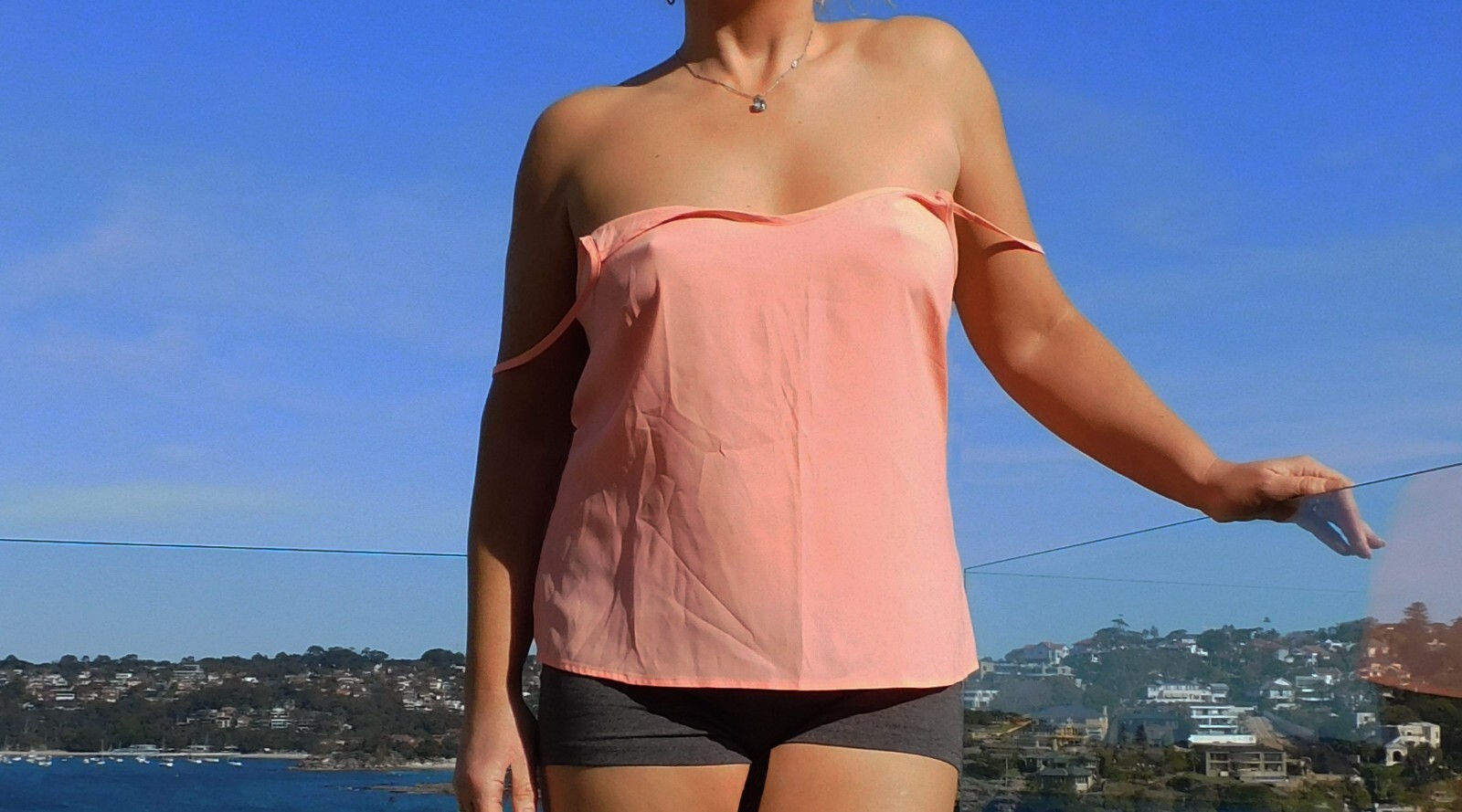 VINTAGE Flirty Sheer Peach Sexy Shoulder Baring Strappy Top