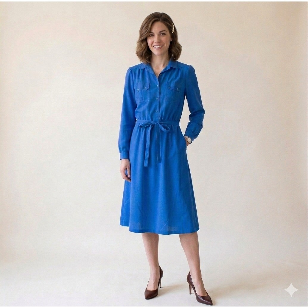 Sasson Vintage 80s Royal Blue Button Up Elastic Waist Midi Dress Womens S FLAW