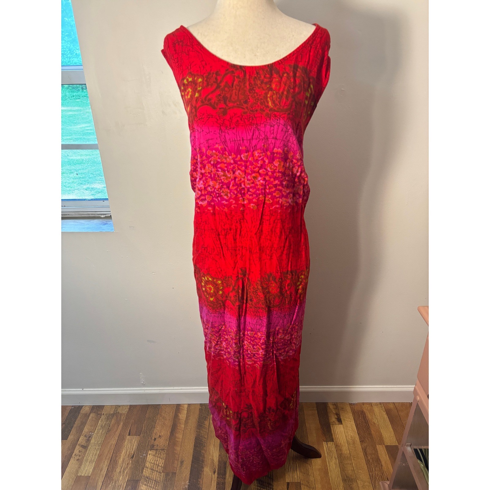 Vintage Lady Darian Rayon Maxi Dress Red Pink Boho Sleeveless Plus 24W Artsy