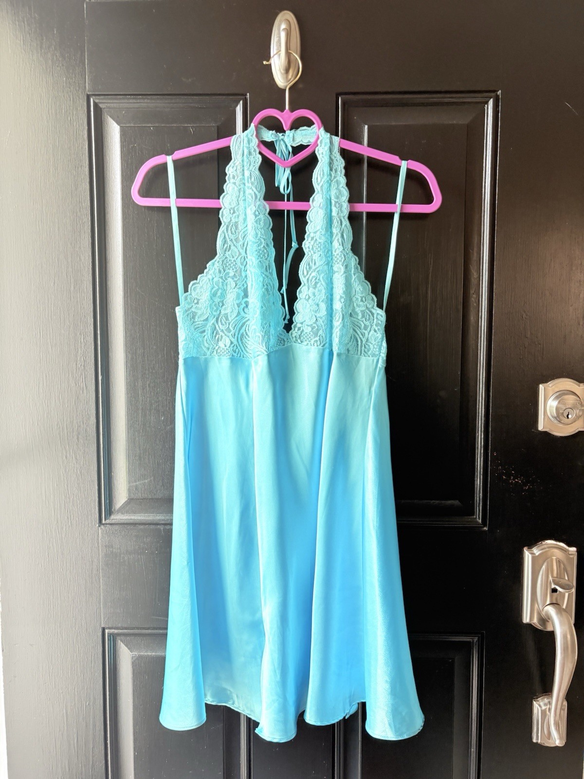 VTG Frederick’s of Hollywood Blue Satin Lace Dress Lingerie Size L Sexy Backless