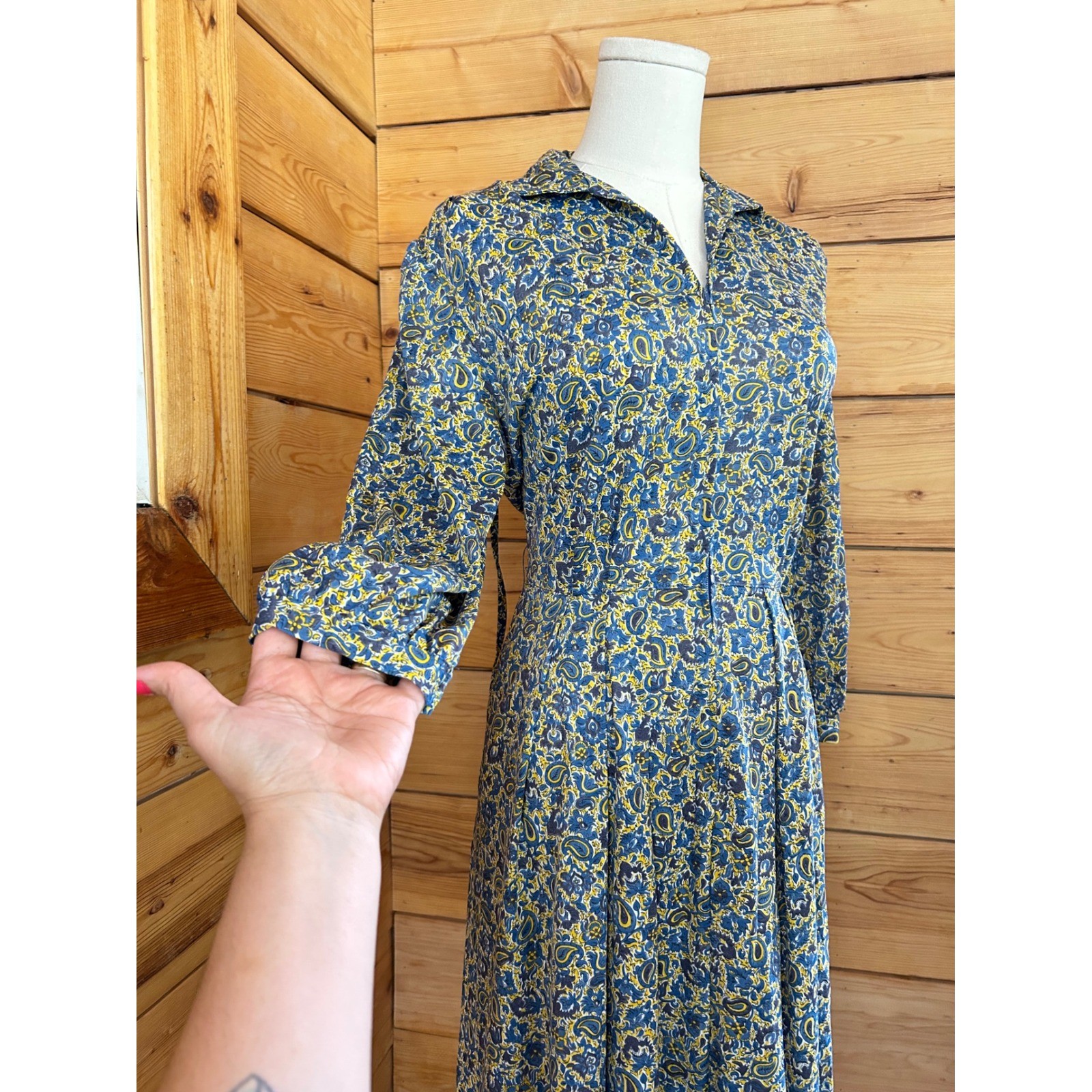 Vintage Day Dress Womens Size 14.5 Blue Yellow Paisley Pleated Shelton Stroller
