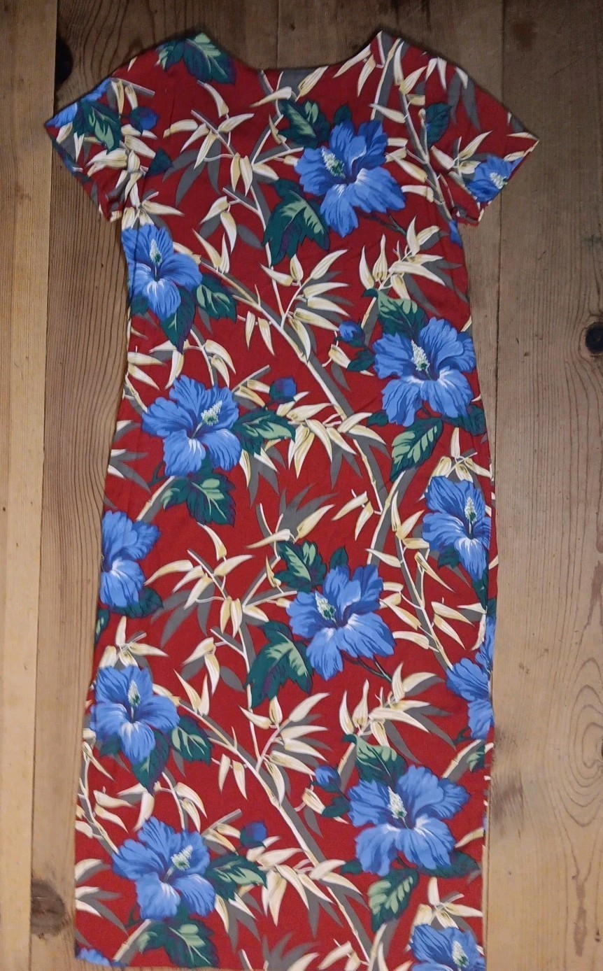 Vtg Reyn Spooner Womens XS Midi Dress Hawaiian Aloha Red 100% Spun Rayon Casual