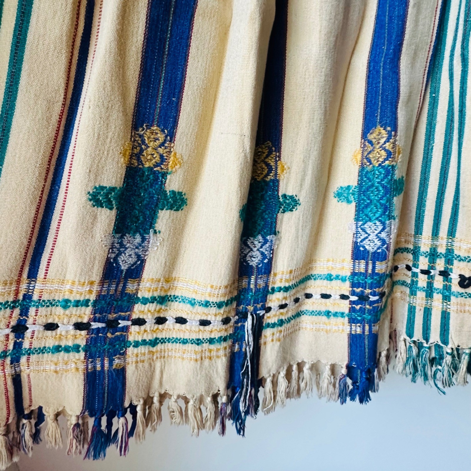 Vintage 70s Supercraft Skirt Blue Teal Woven Embroidered Fringe Boho Medium