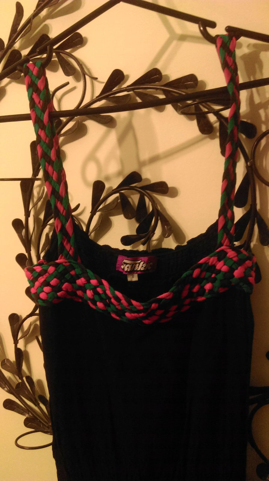 FRANKIE Sleeveless Slim Black Pink Green Chunky Knit Trim Dress Size S good cond