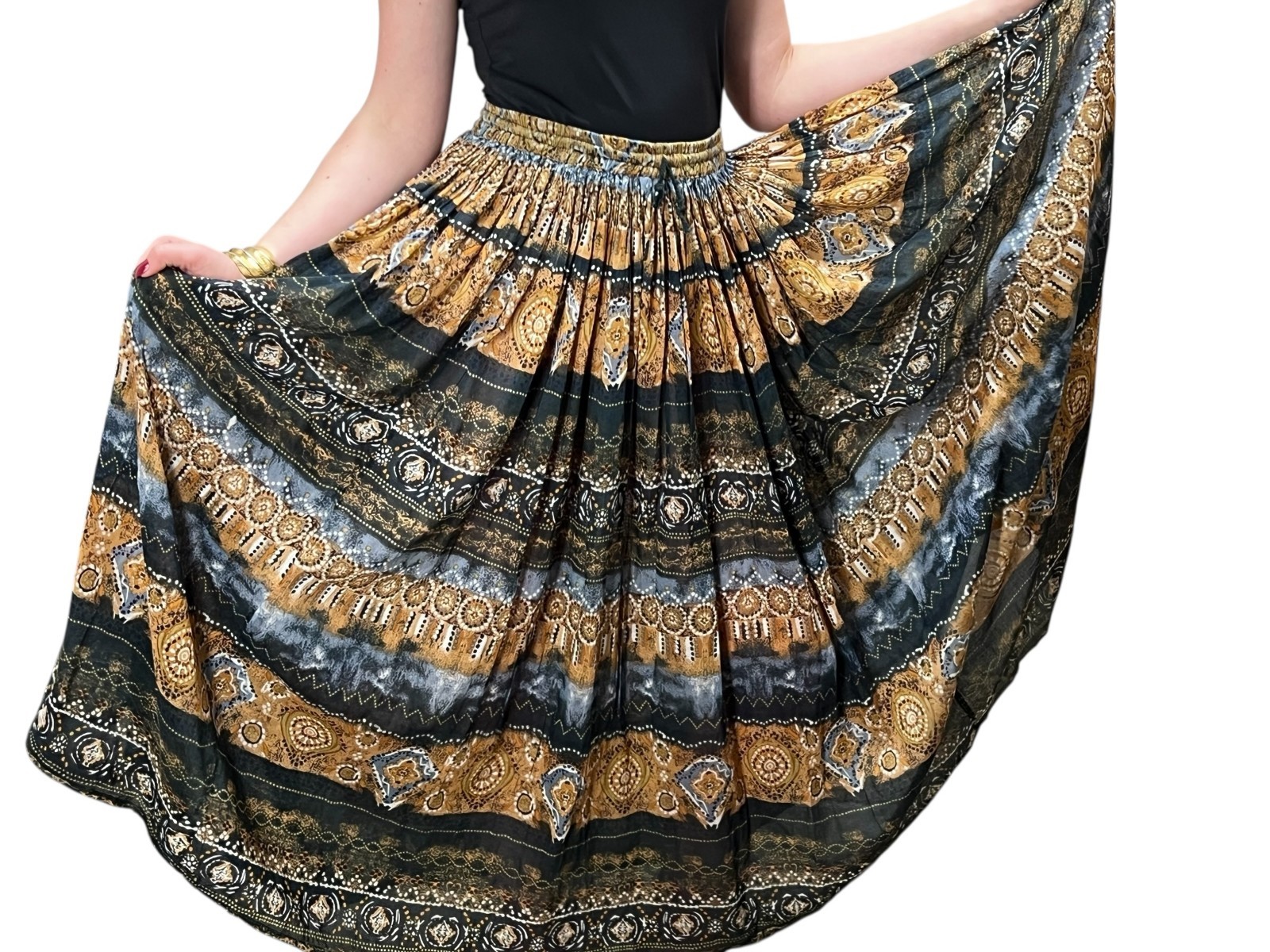Sz S/M Vtg 80s INDIA COTTON MAXI Skirt Blue Brown Tan Boho Elastic Waist Revue