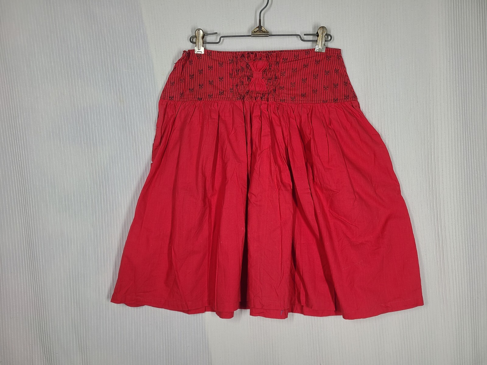Vtg 80s Red Bow Skirt 100% Cotton Happy Legs Yoke Full Skirt Retro India