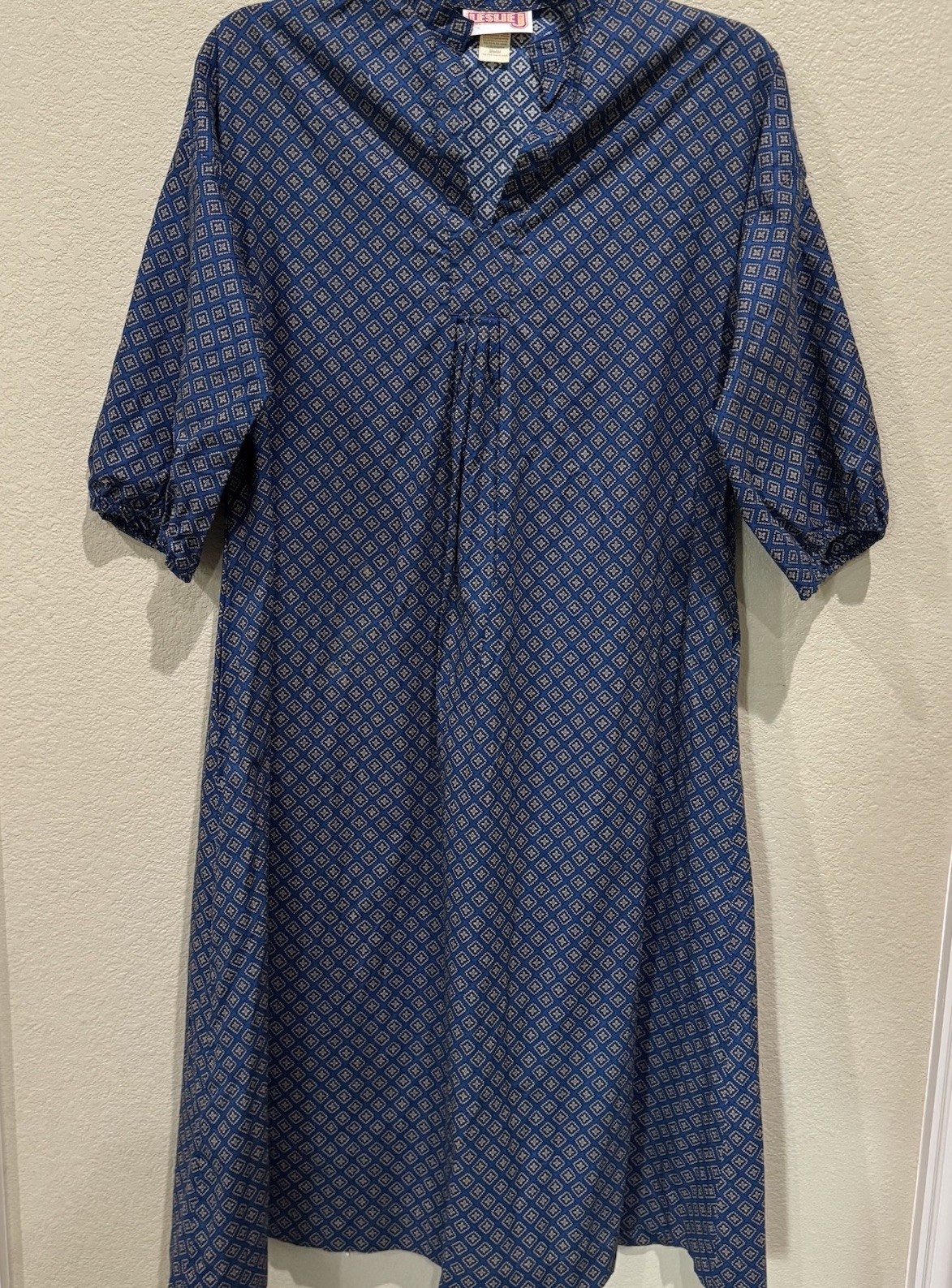 Vintage Leslie J USA Dress Blue Cream Print Balloon Sleeves Pockets Sz 11/12