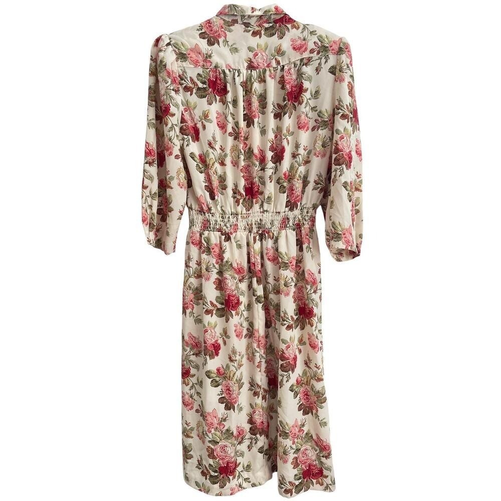 Vintage 80s Floral Cottagecore Midi Dress Women Size 11/12 Rose Print Prairie