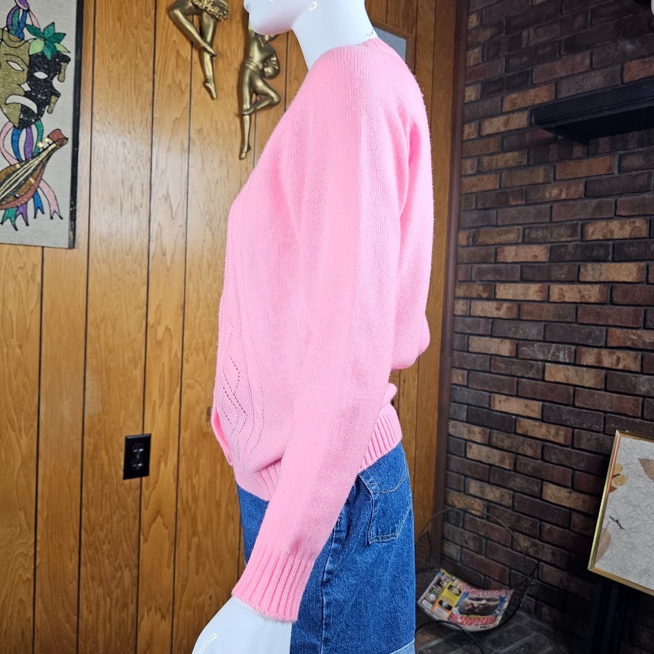 Vtg 60s Bubblegum Pink Grannycore Mod Pointelle Cable Knit Cardigan Sweater S/M