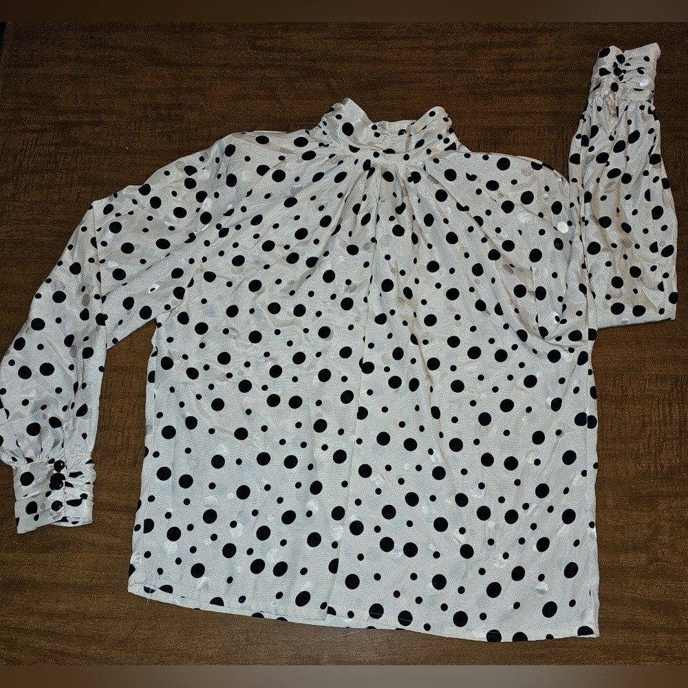 Vintage 80s Polkadot Secretary Blouse Shimmery 13 14 Large Mock Turtleneck D8