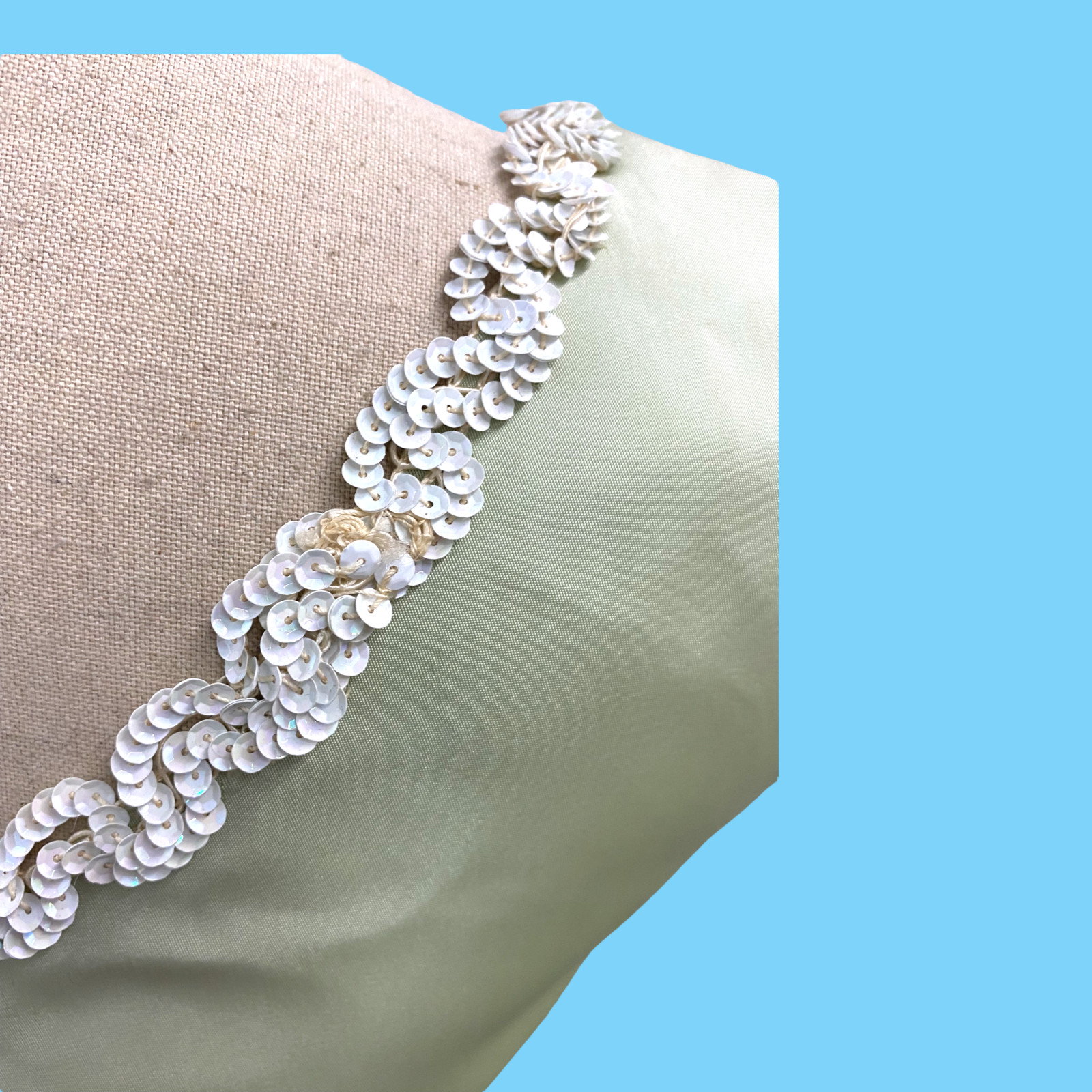 Vintage 1960s Pale Green Maxi Gown W/ Whitge Sequins Small