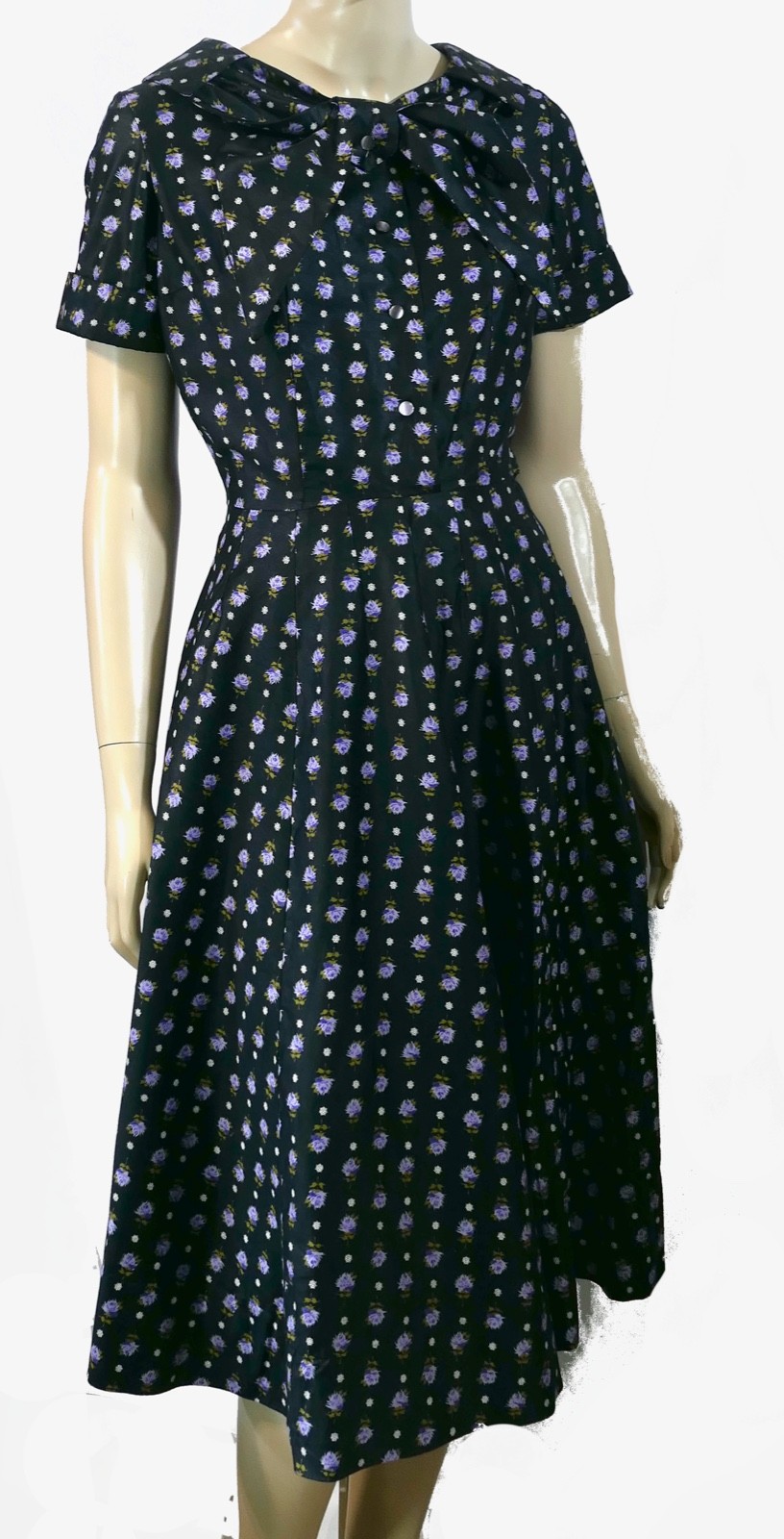 Vintage 50s Rockabilly Handmade Black Lavender Cotton Ascot Dress A Line Full M
