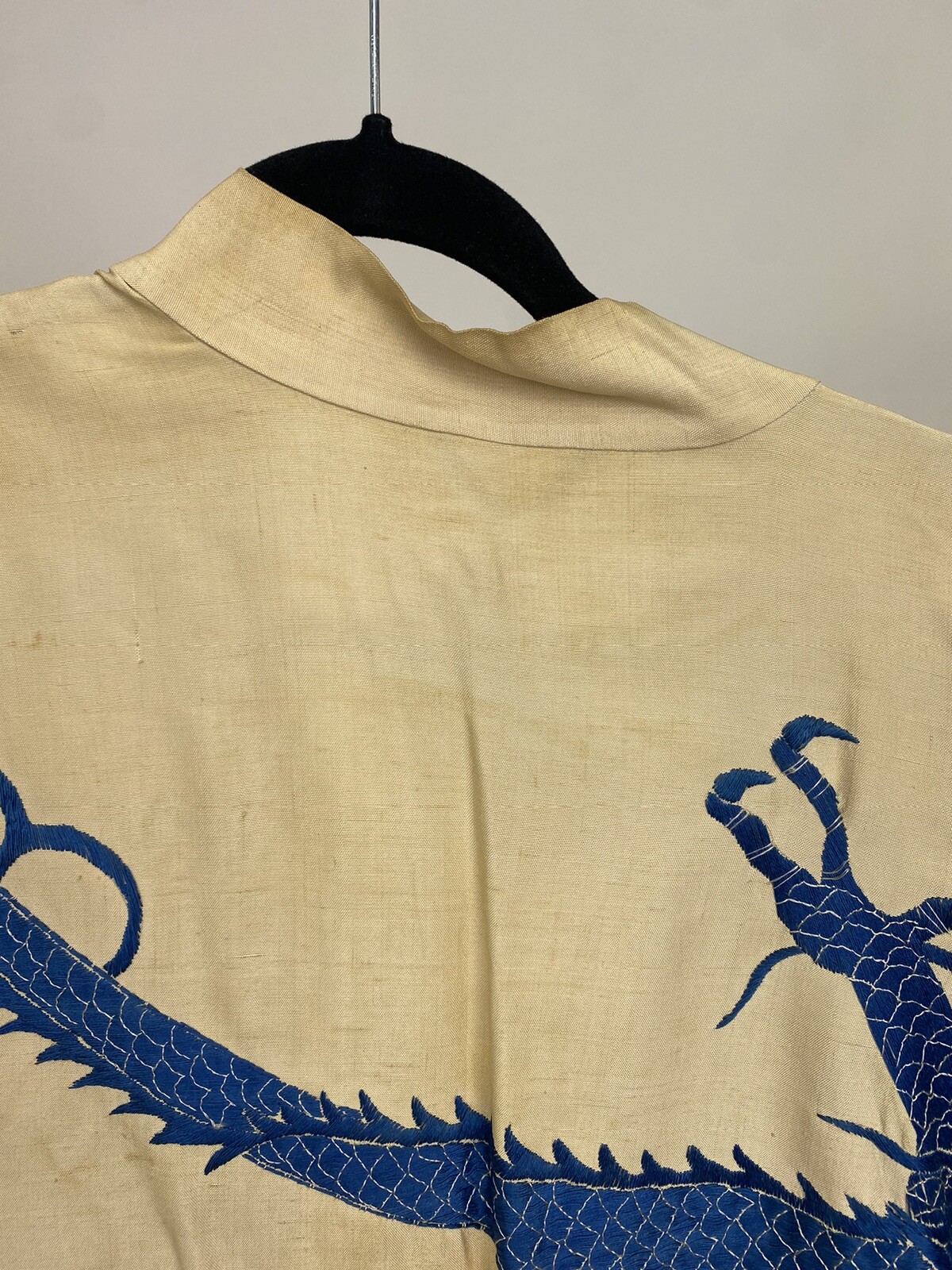Antique Japanese 1930s 3 Toed Dragon Kimono Robe Blue Embroidery Cream Linen